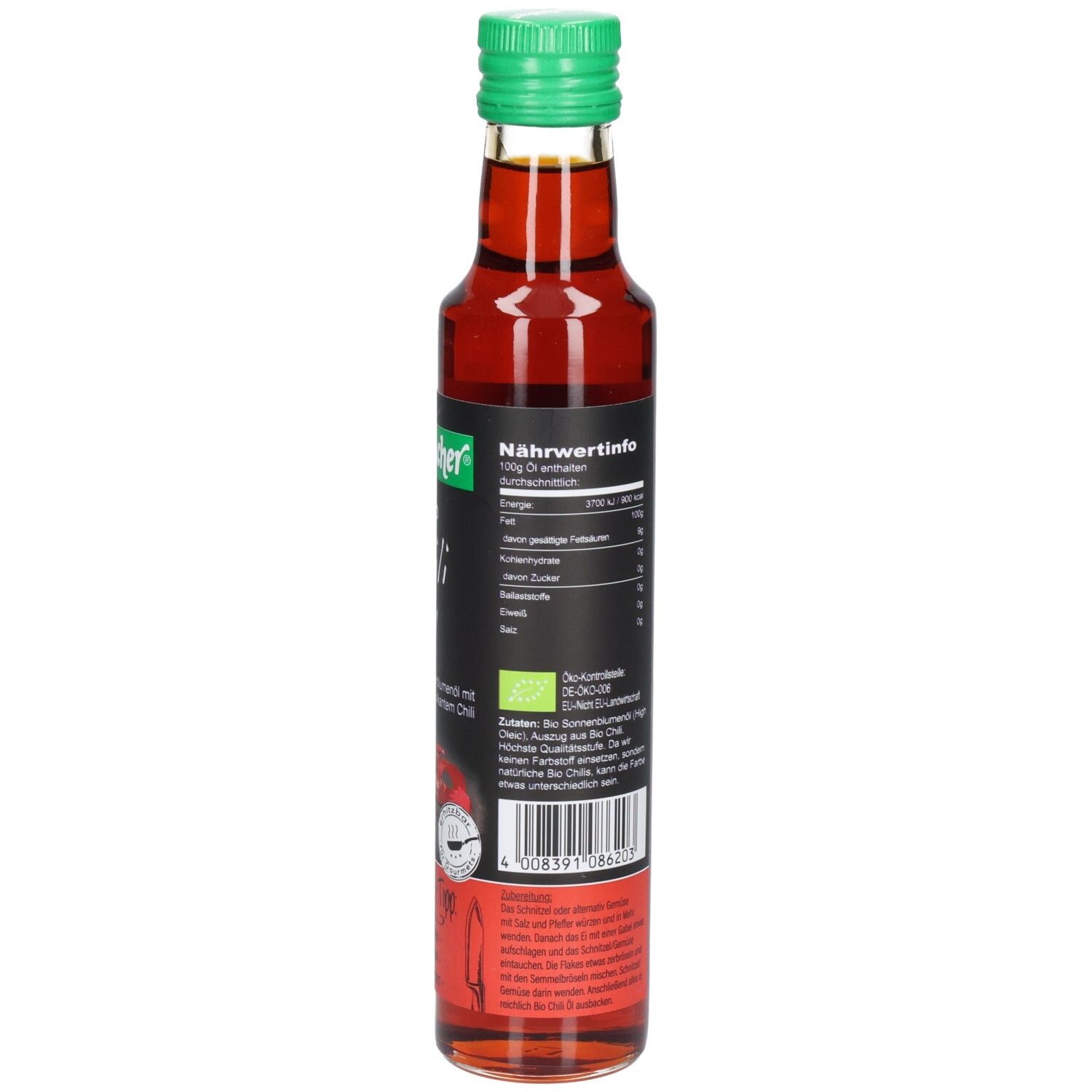 Glasflasche mit grünem Deckel. Etikett mit Nährwertangaben und Chili-Abbildung. Enthält Bio Chili Öl.