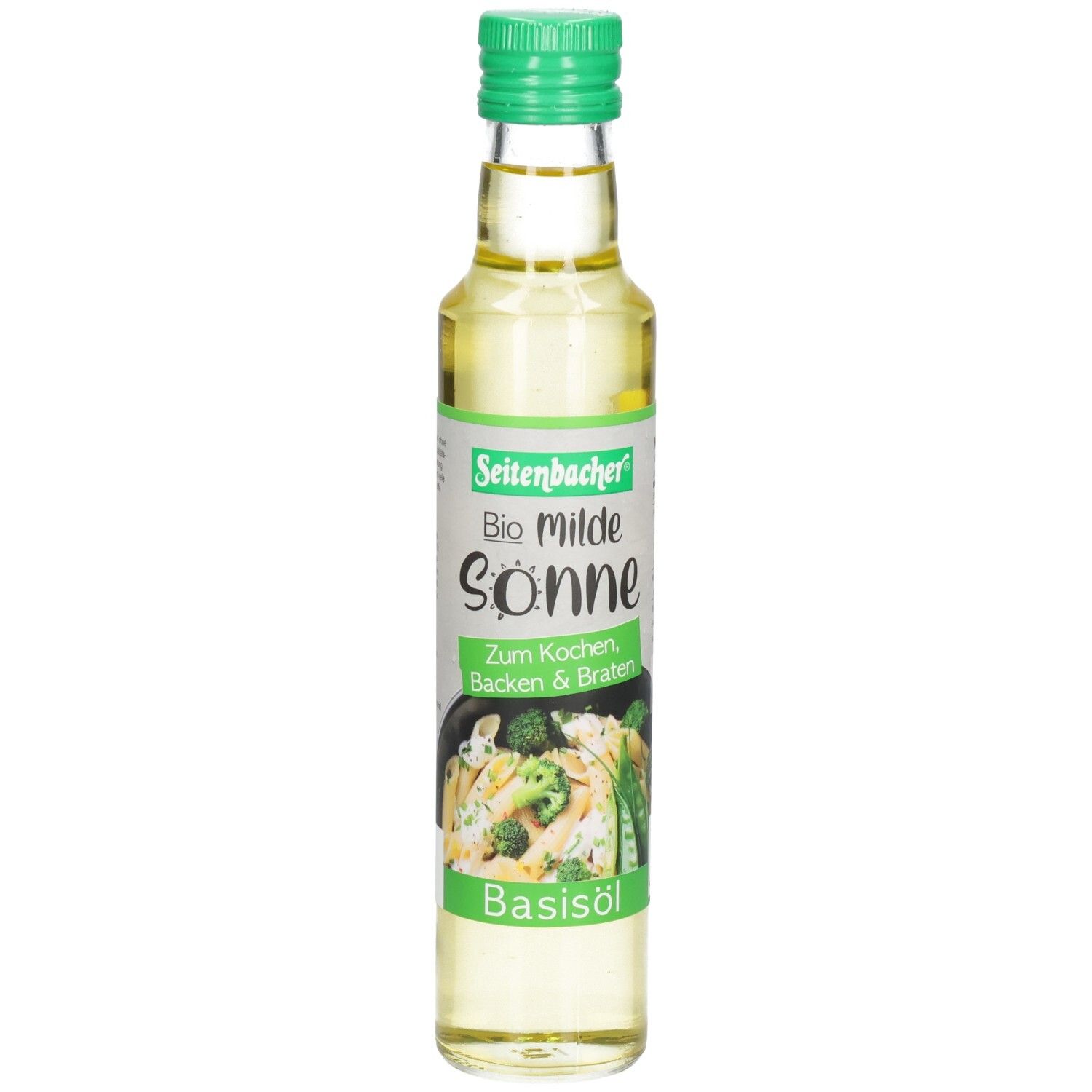 Glasflasche mit grünem Deckel. Etikett mit Produktname: Bio milde Sonne, Basisöl. Abbildung von Gemüse.