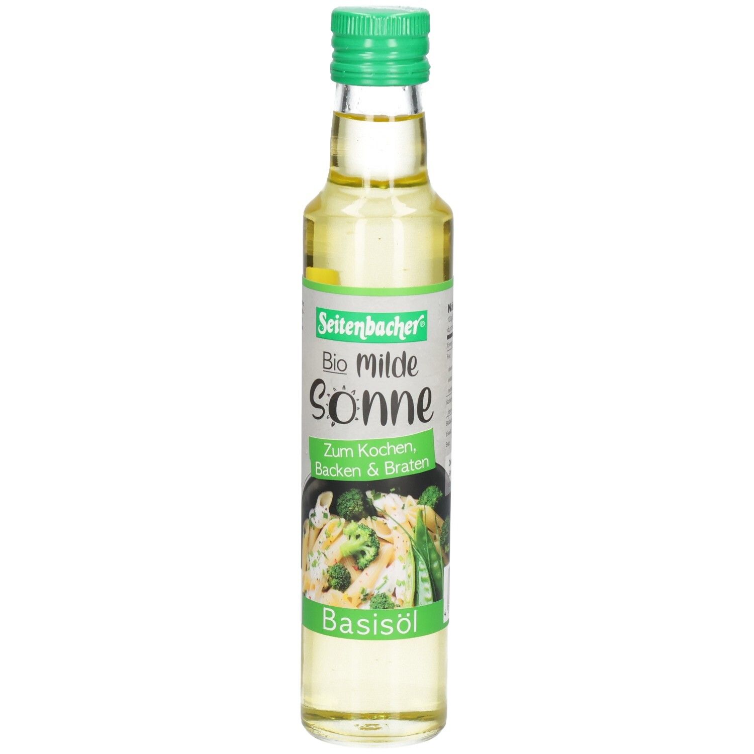 Glasflasche mit grünem Deckel. Etikett mit Produktname: Bio milde Sonne, Basisöl. Abbildung von Gemüse.