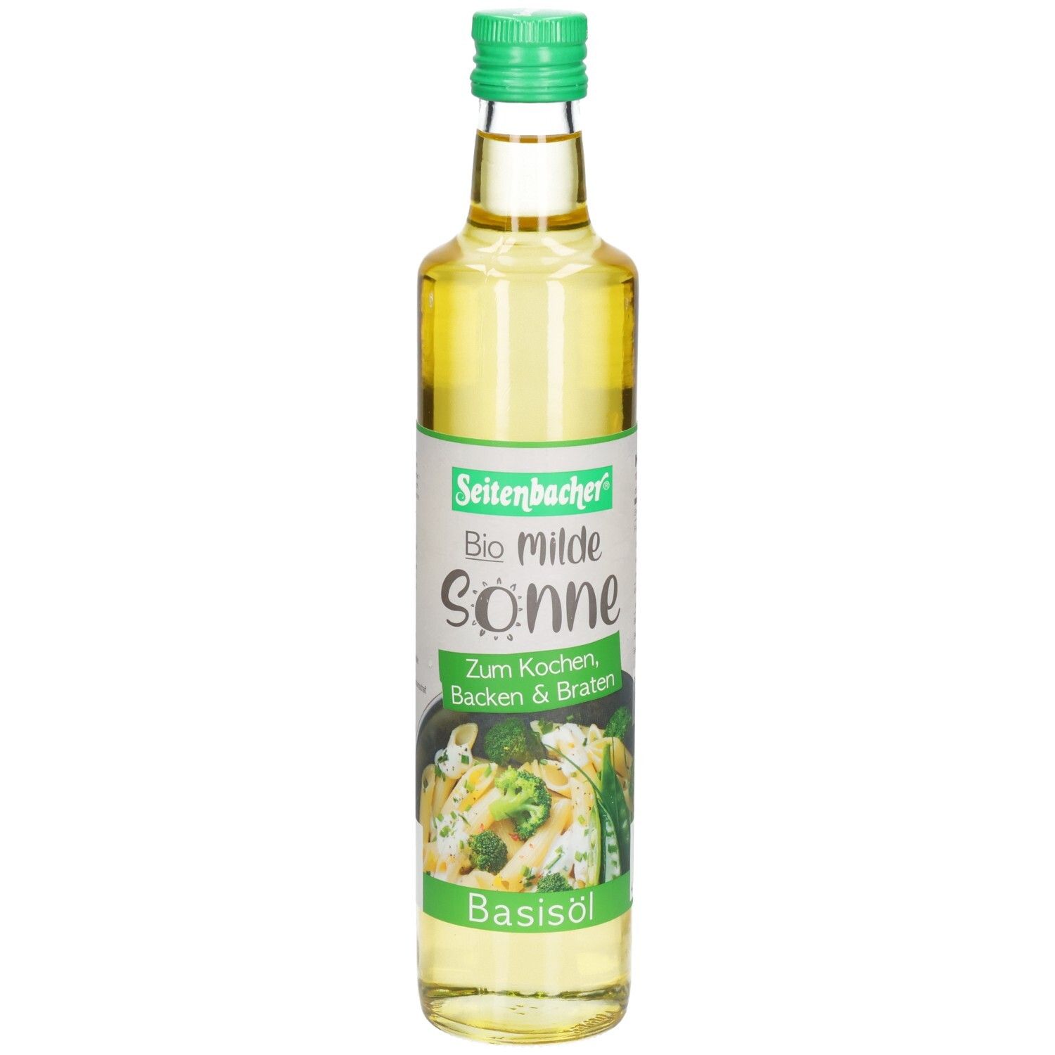 Glasflasche mit grünem Deckel. Etikett mit Produktnamen und Abbildung von Gemüse. Basisöl.