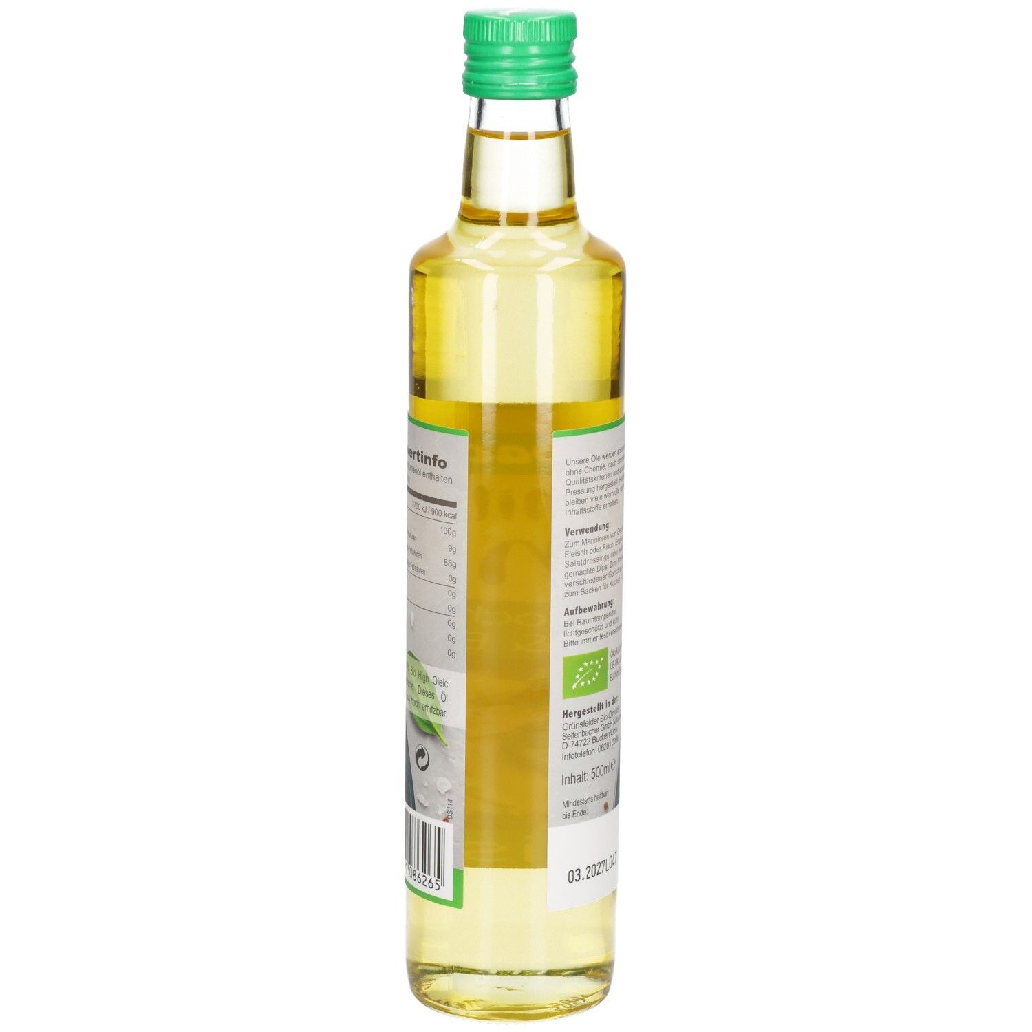 Glasflasche mit grünem Deckel. Etikett mit Nährwertangaben und Bio-Siegel. Basisöl.