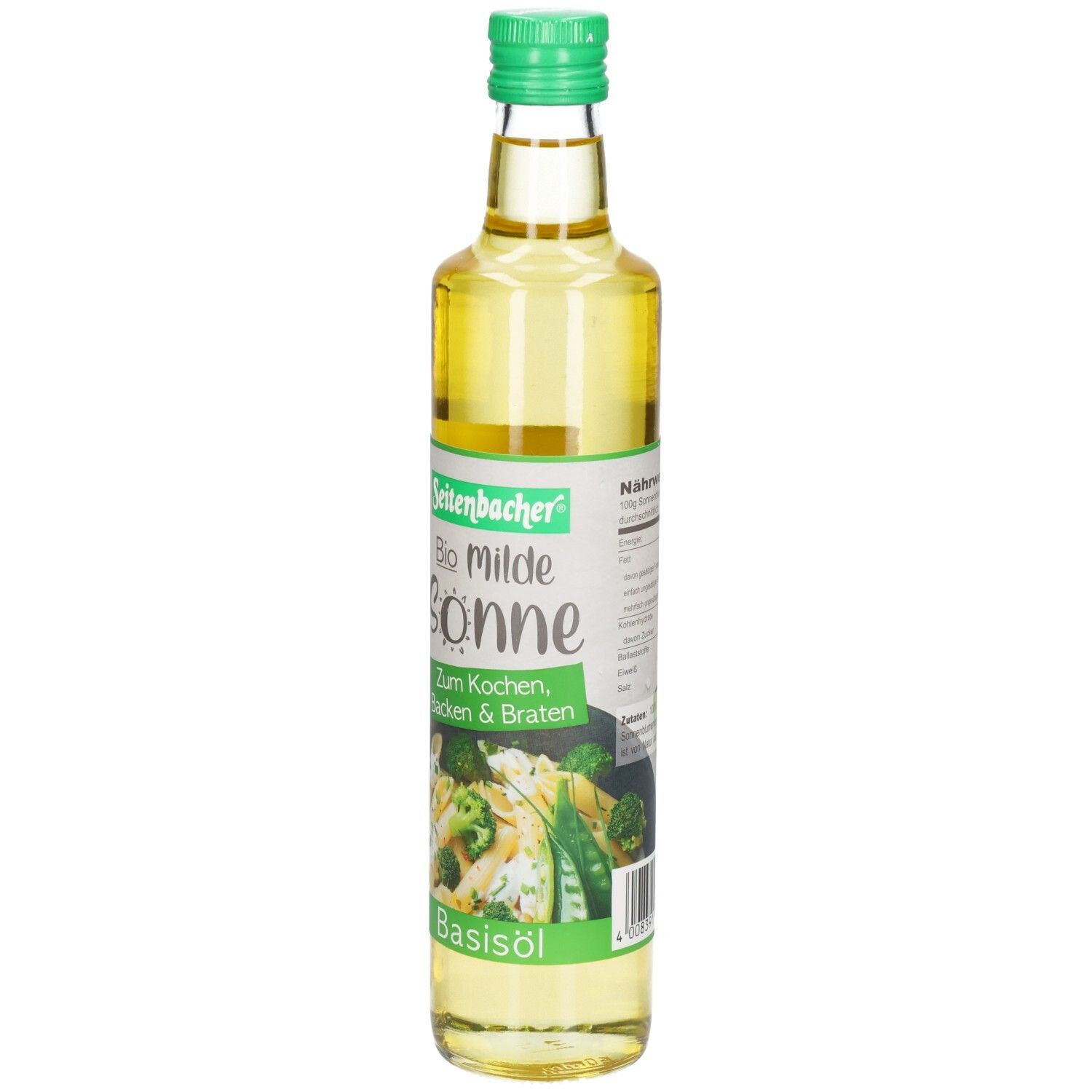 Glasflasche mit grünem Deckel. Etikett mit Produktnamen und Abbildung von Gemüse. Basisöl.
