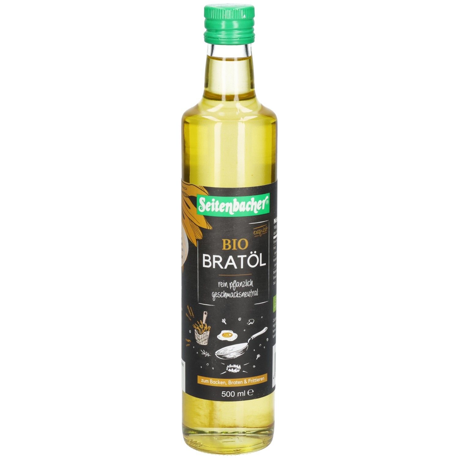 Glasflasche mit grünem Deckel. Aufschrift: BIO BRATÖL, geschmacksneutral. Sonnenblumen-Illustration.