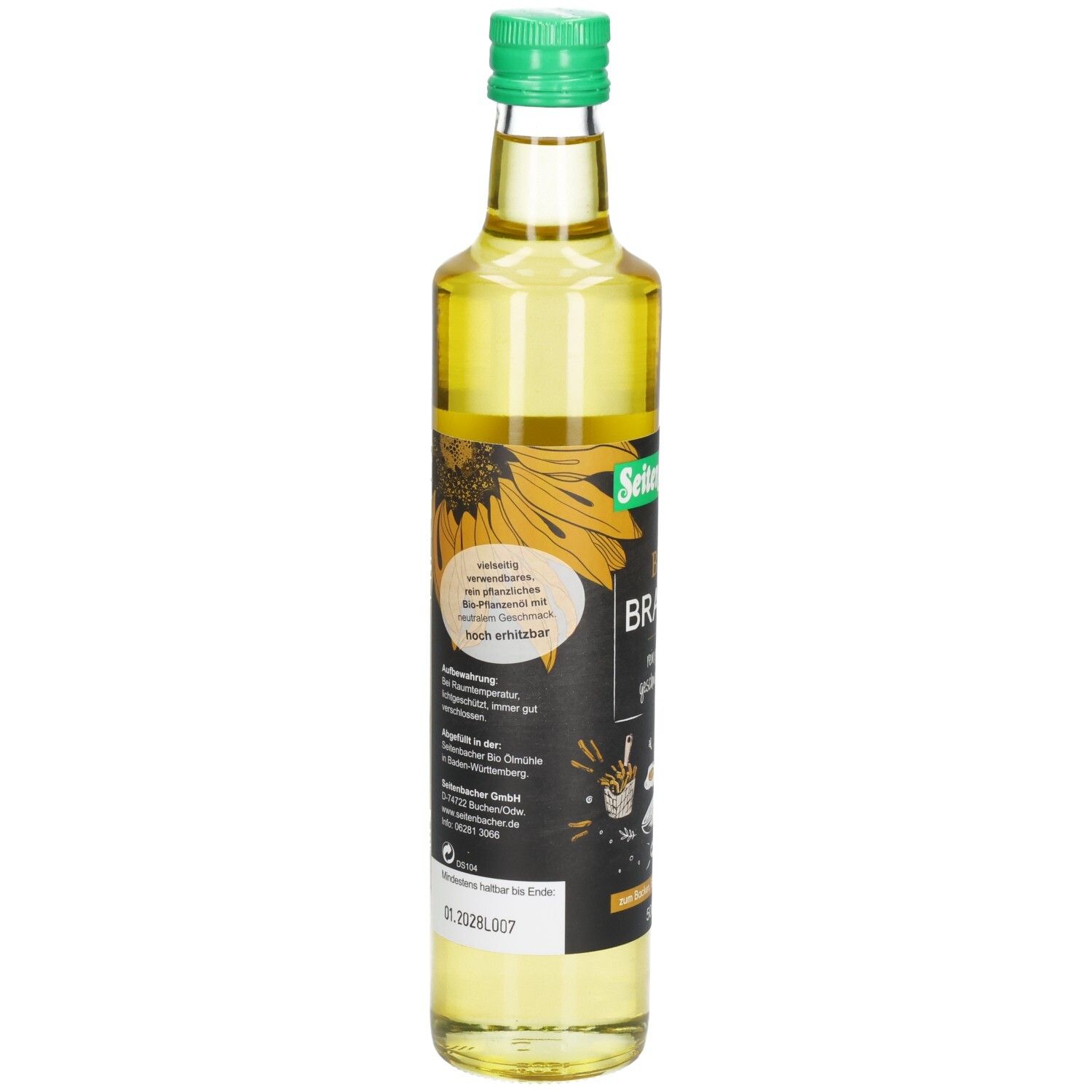 Glasflasche mit grünem Deckel. Aufschrift: BIO BRATÖL. Rückseite mit Text und Sonnenblumen-Illustration.