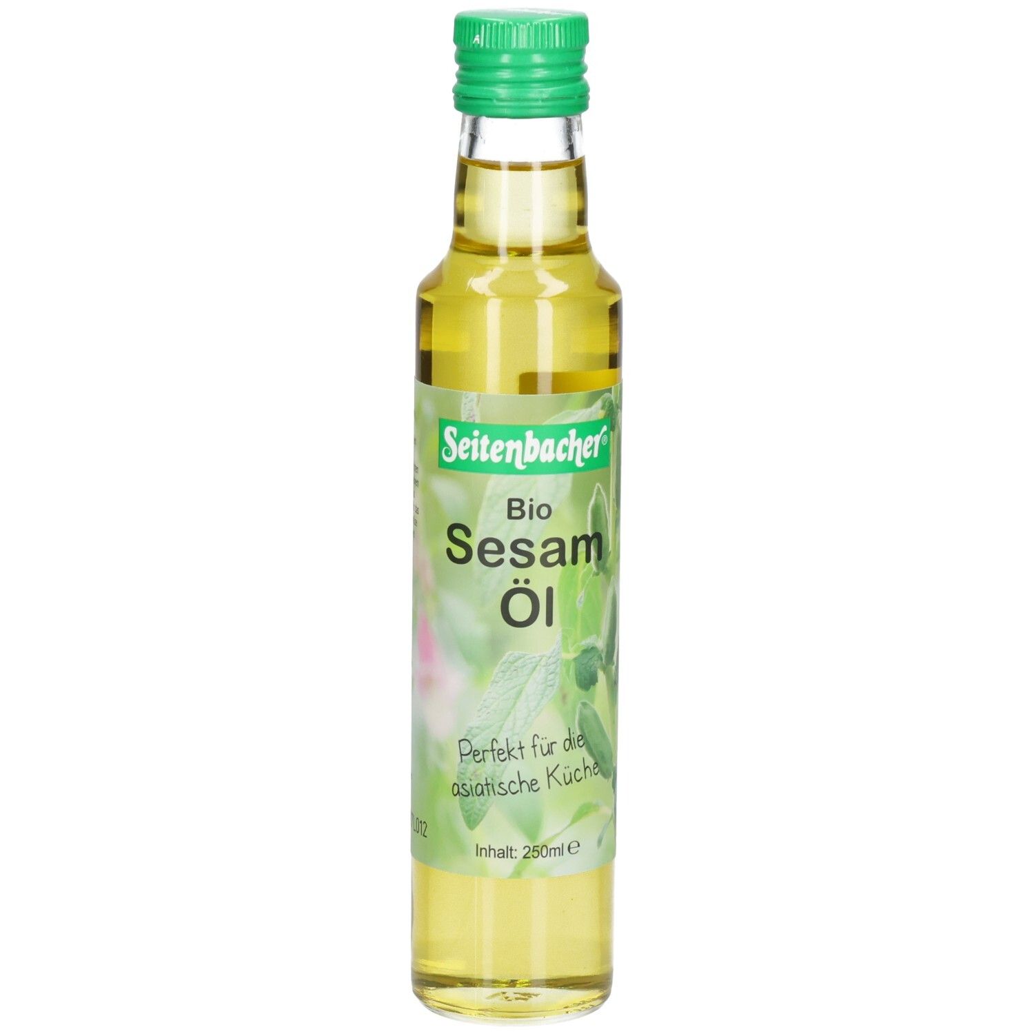 Glasflasche mit grünem Deckel. Etikett mit "Seitenbacher Bio Sesam Öl".