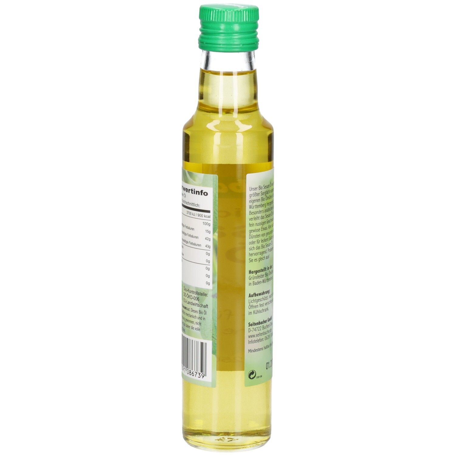 Rückansicht der Glasflasche. Etikett mit Nährwertinformationen und Text.