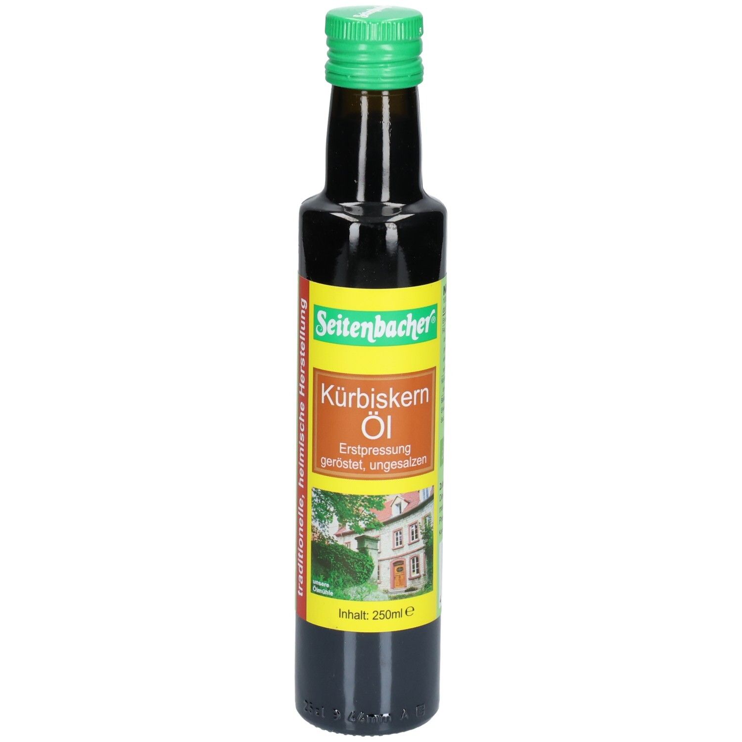Braune Glasflasche mit grünem Deckel. Etikett mit Produktname und Bild eines Hauses. Seitenbacher Kürbiskern Öl.