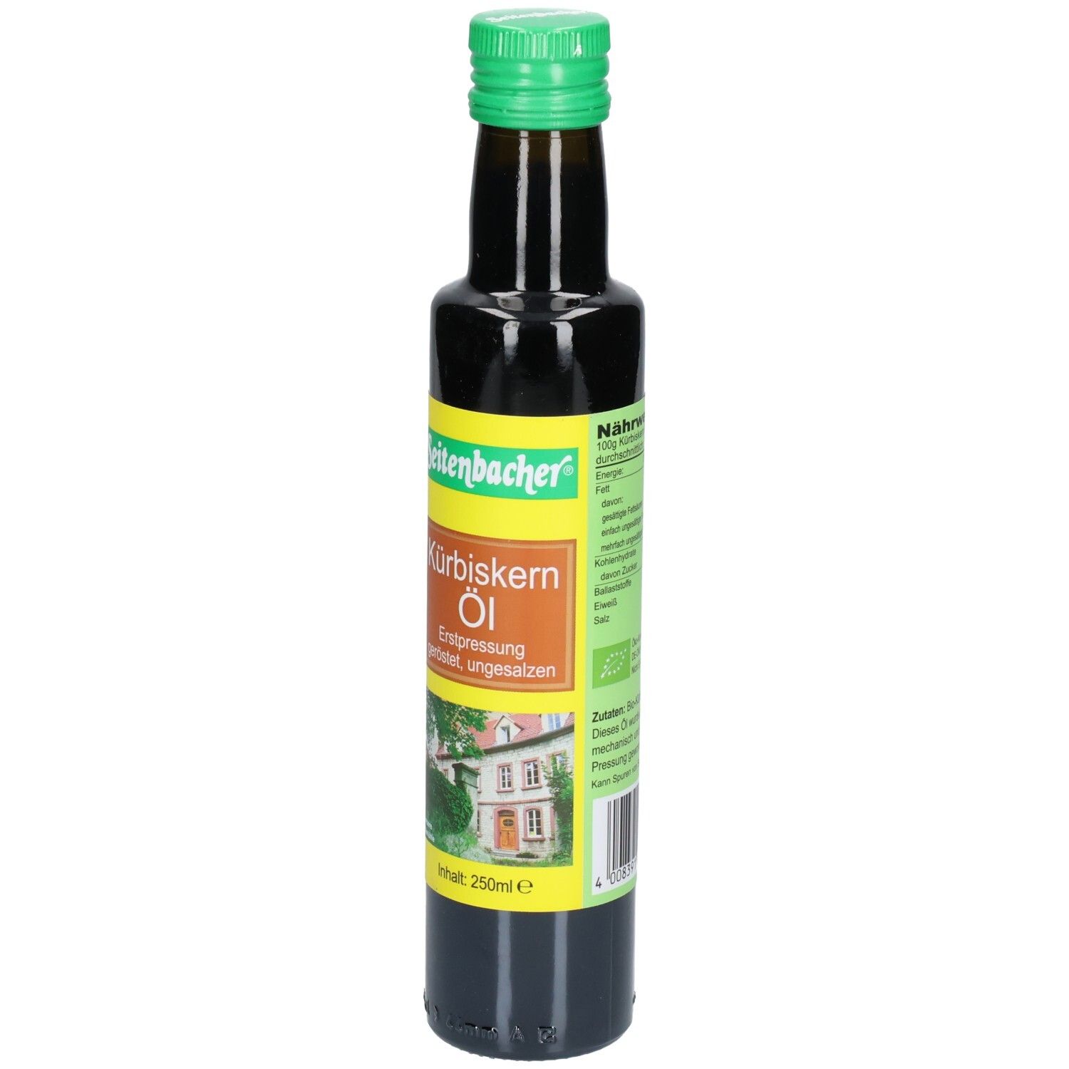 Braune Glasflasche mit grünem Deckel. Etikett mit Produktname und Bild eines Hauses. Seitenbacher Kürbiskern Öl.