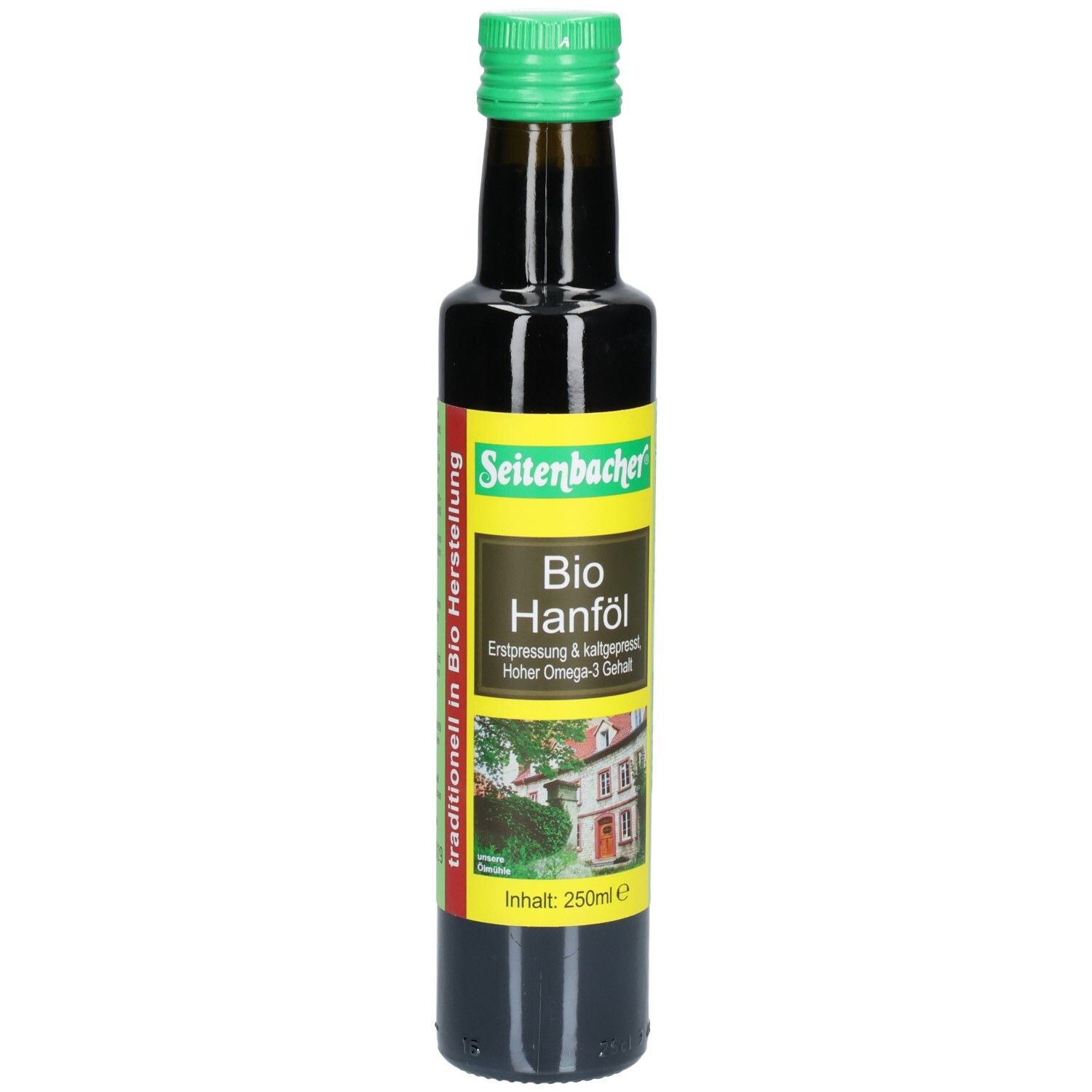 Braune Glasflasche mit grünem Deckel. Etikett mit Produktname und Logo. Inhalt: 250ml.