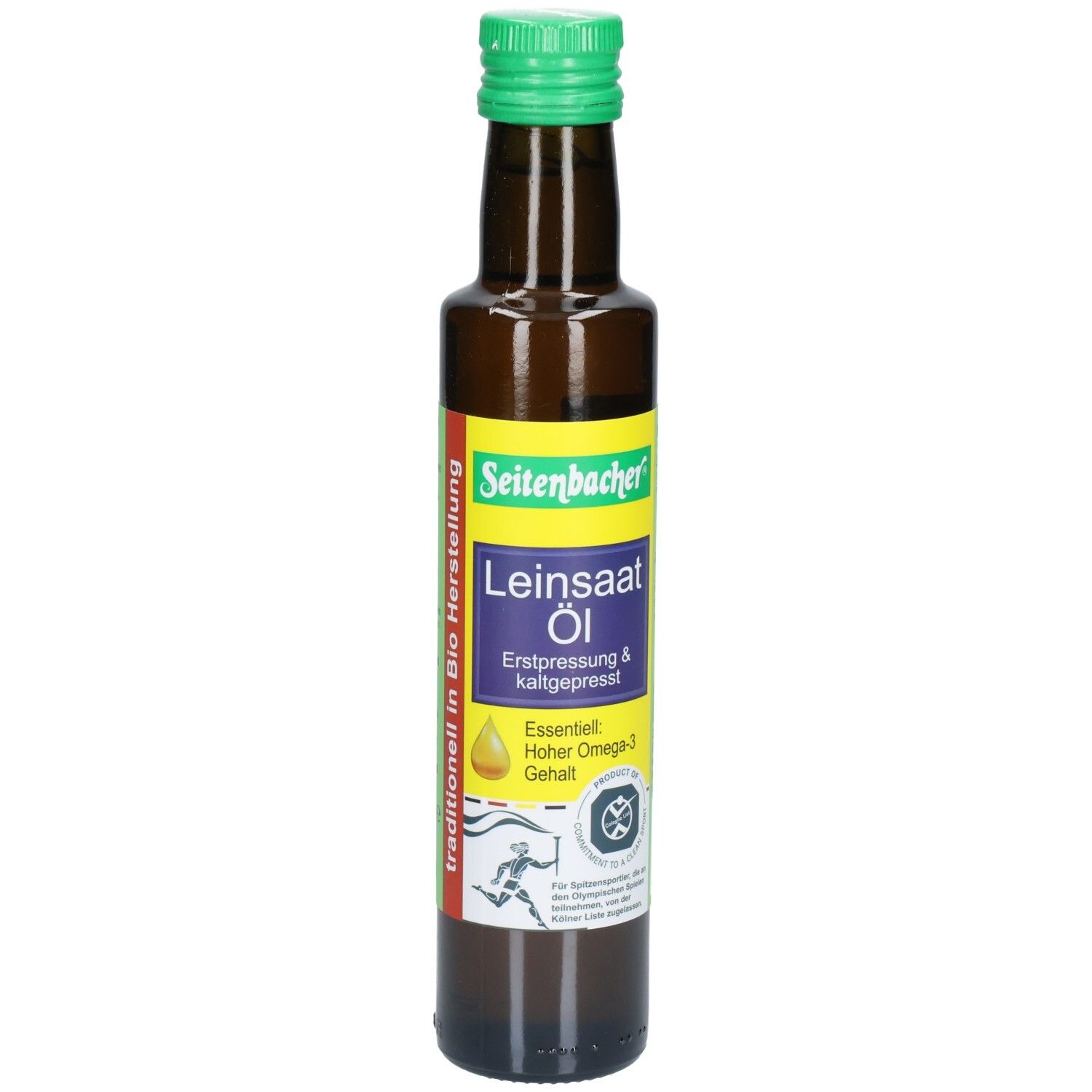 Braune Glasflasche mit grünem Deckel. Etikett mit Produktbezeichnung und Logo. Text: Leinsaat Öl, Erstpressung & kaltgepresst.