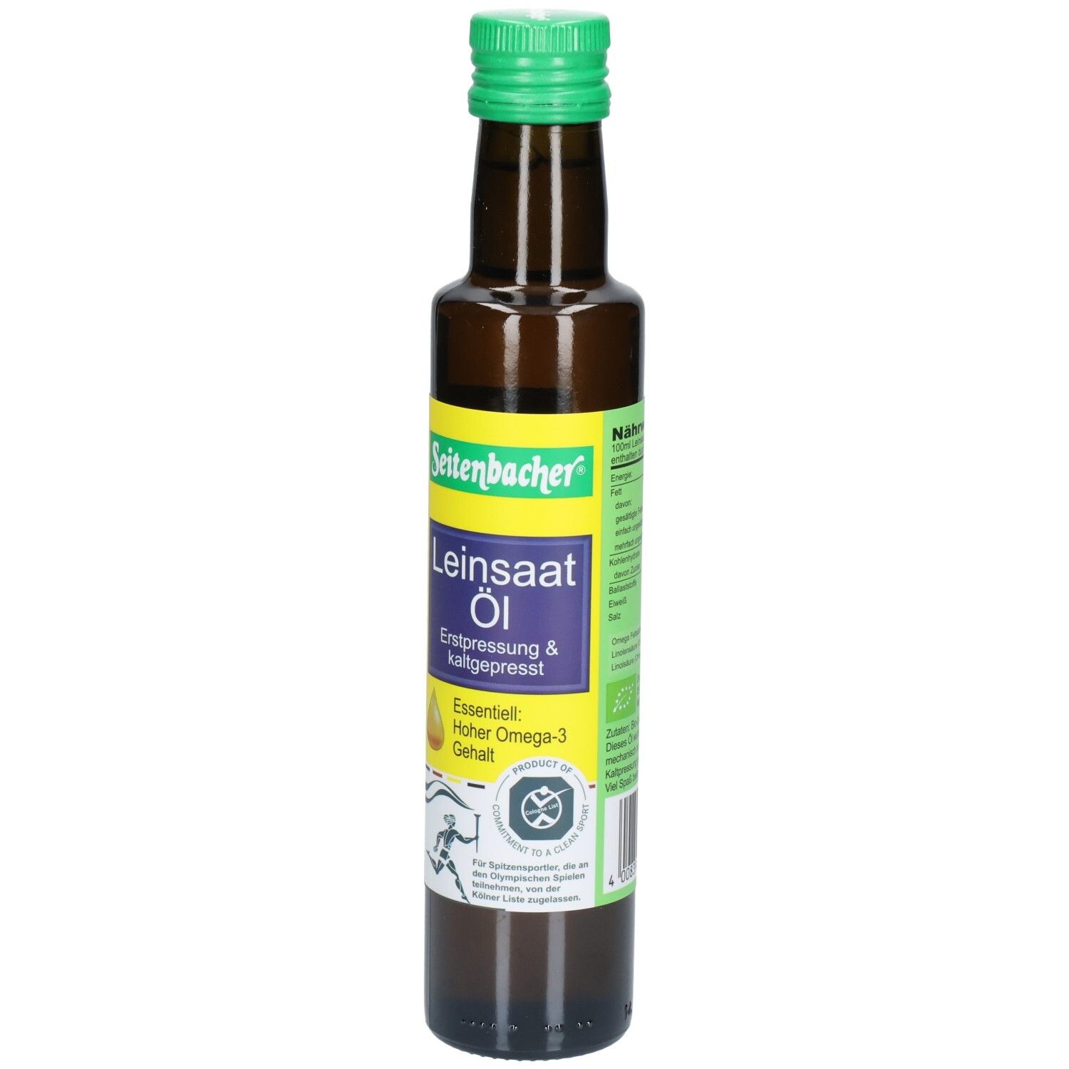 Braune Glasflasche mit grünem Deckel. Etikett mit Produktbezeichnung und Logo. Text: Leinsaat Öl, Erstpressung & kaltgepresst.