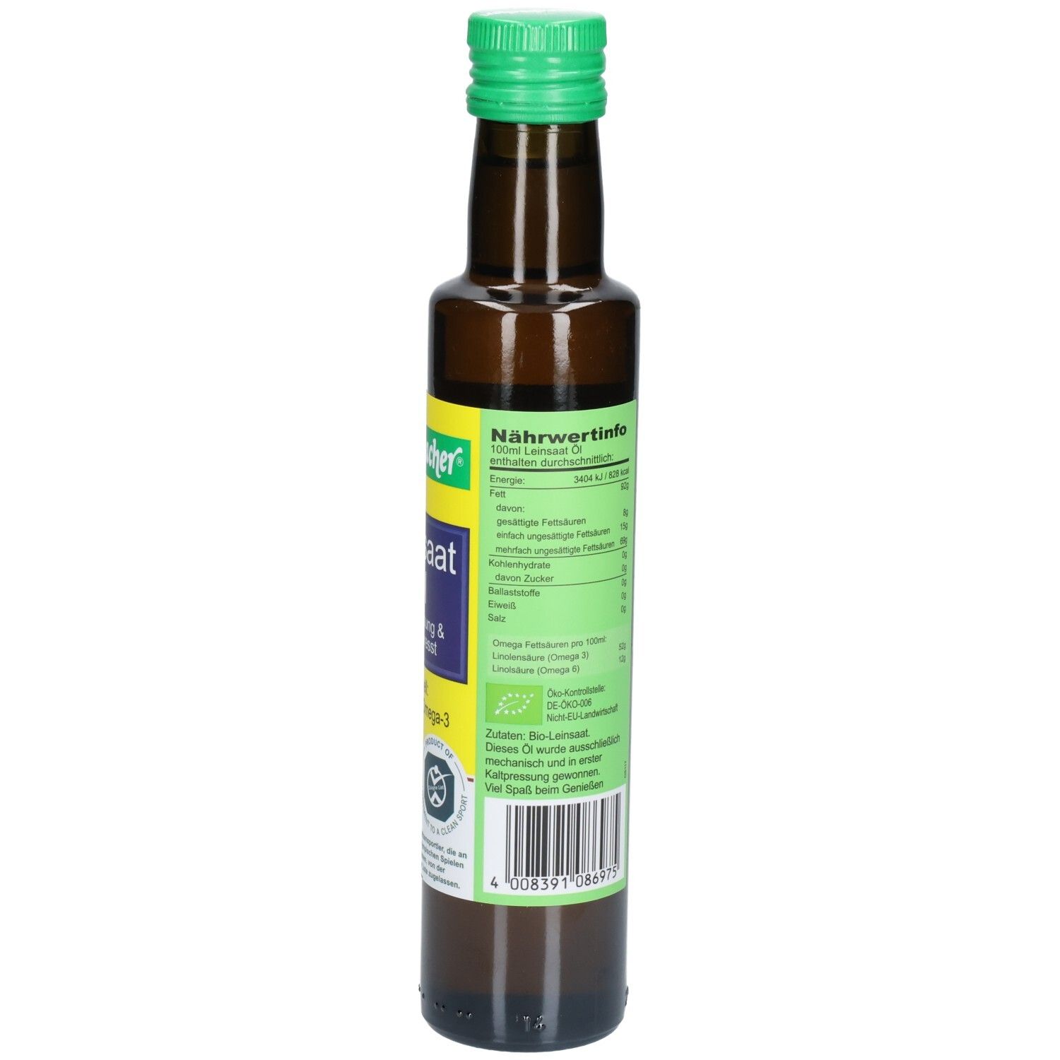 Braune Glasflasche mit grünem Deckel. Grünes Etikett mit Nährwertangaben und Barcode. Text: Nährwertinfo, Bio-Siegel.