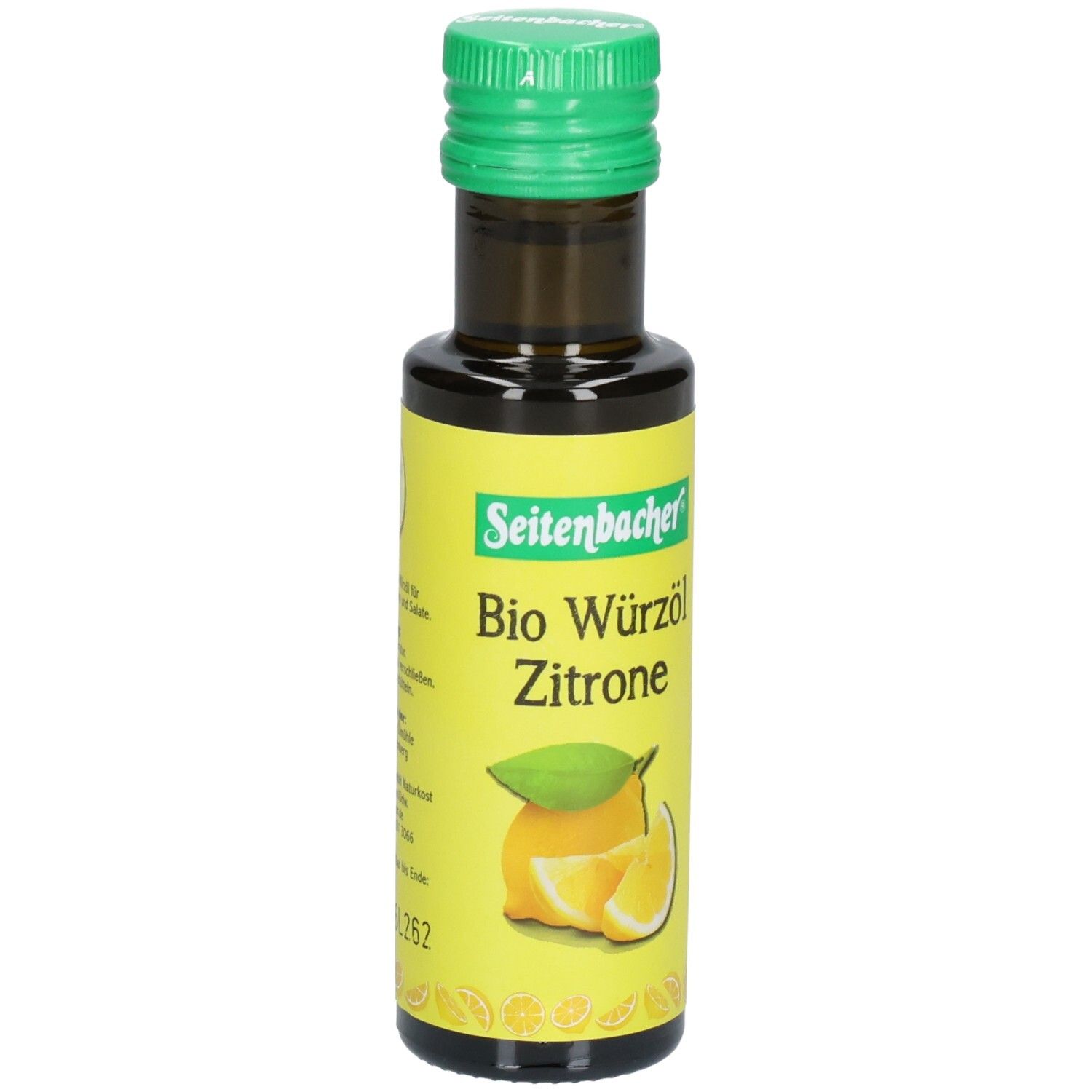 Braune Glasflasche mit grünem Deckel. Etikett mit Produktname, Zitrone-Illustration und Logo.