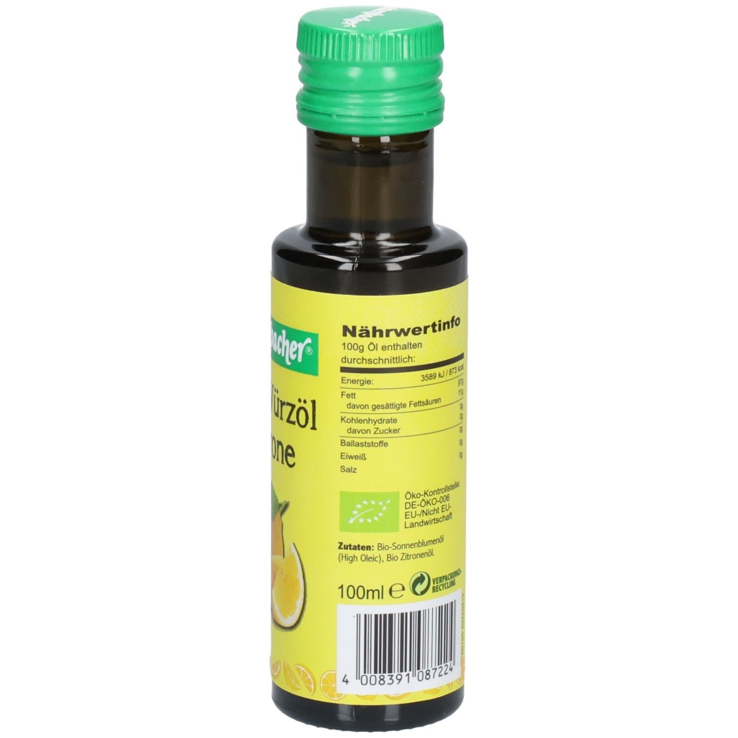 Braune Glasflasche mit grünem Deckel. Etikett mit Nährwertangaben und Bio-Siegel.