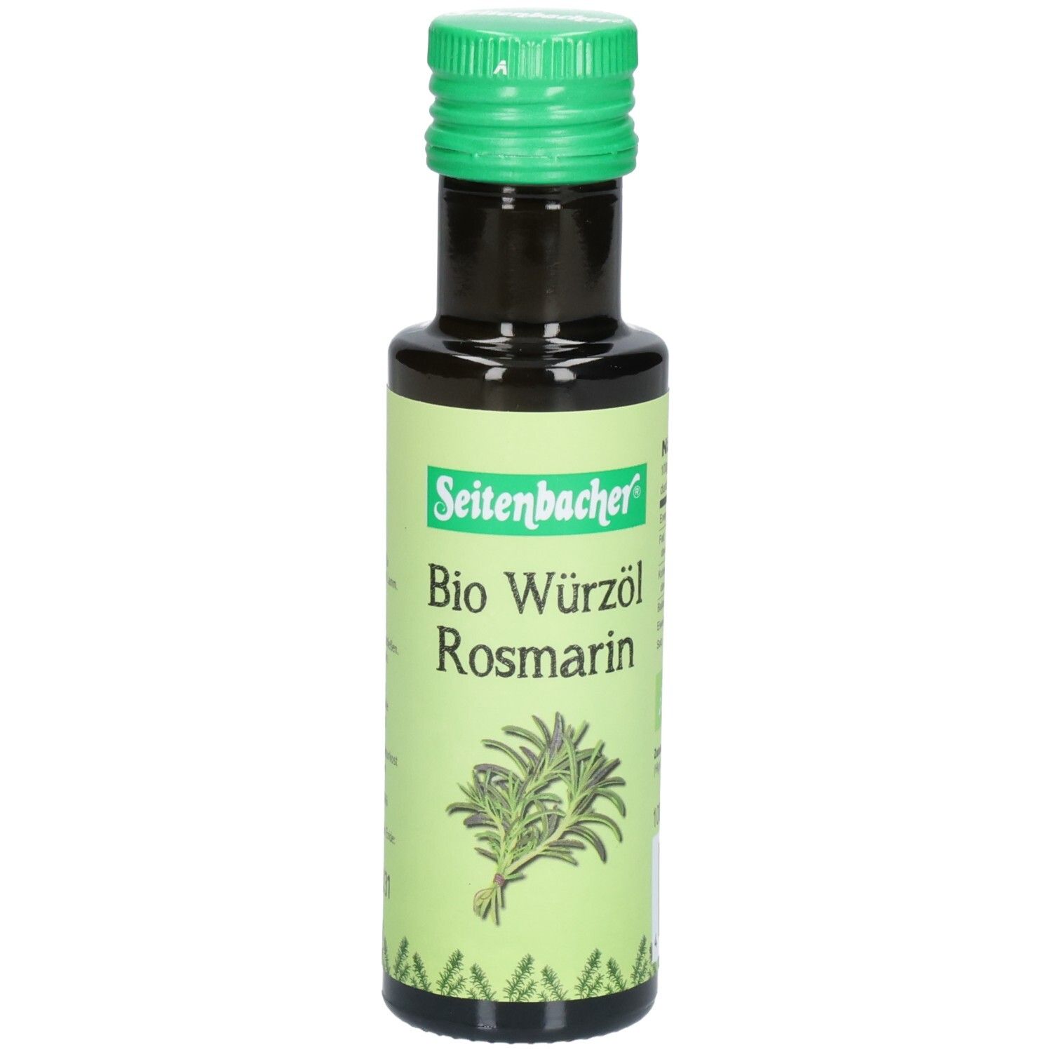 Braune Glasflasche mit grünem Deckel. Etikett mit Produktname und Rosmarindekoration. Seitenbacher Bio Würzöl Rosmarin.