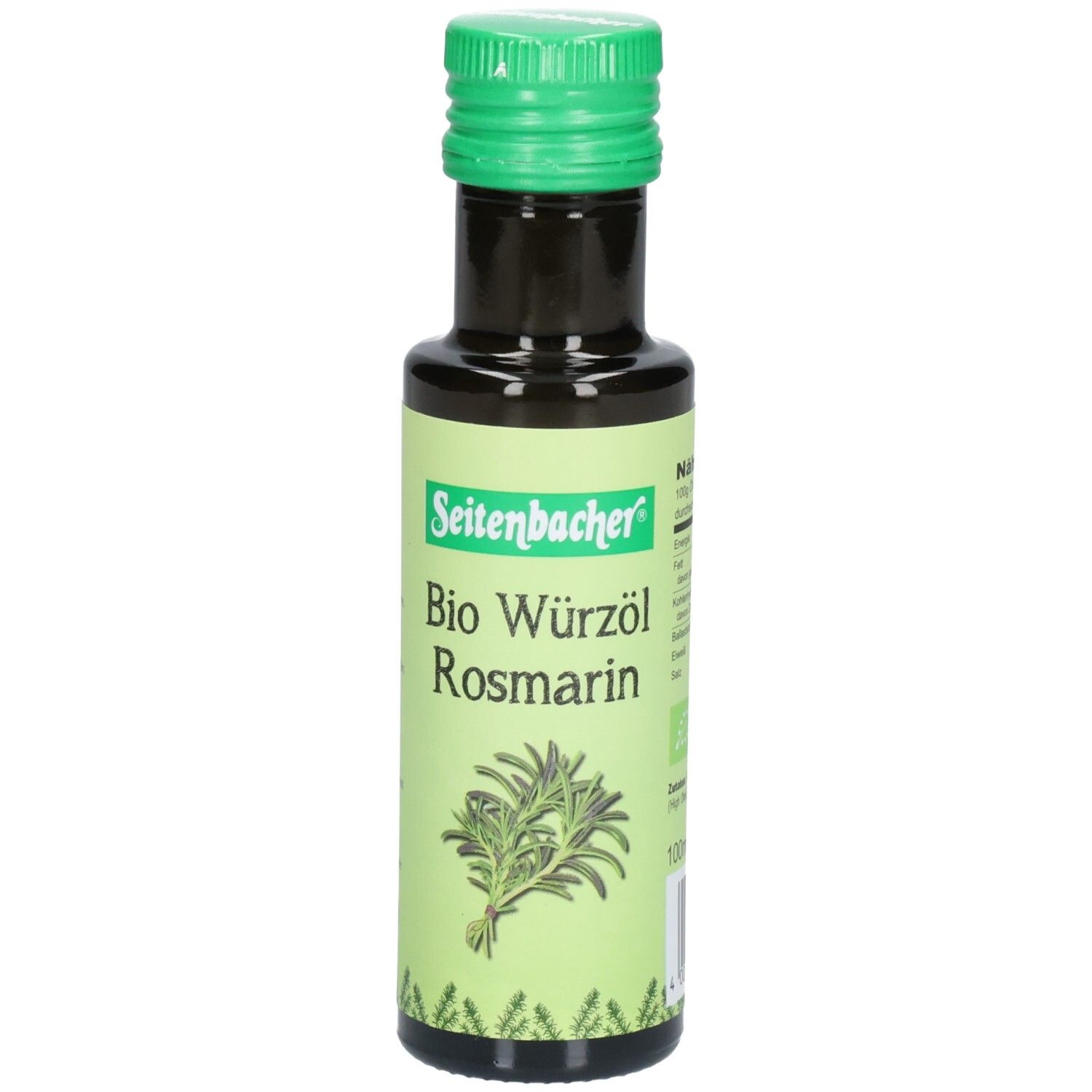 Braune Glasflasche mit grünem Deckel. Etikett mit Produktname und Rosmarindekoration. Seitenbacher Bio Würzöl Rosmarin.