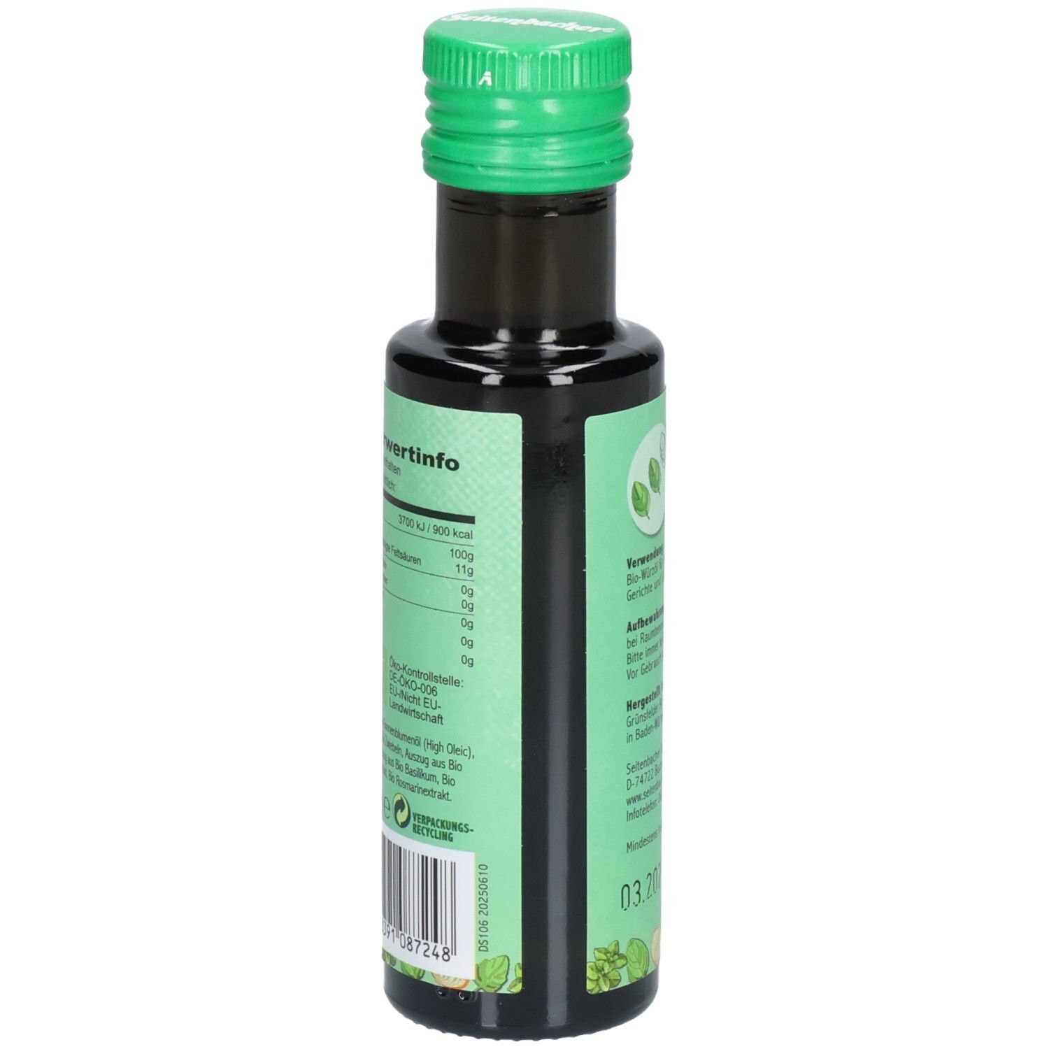 Grüne Flasche mit grünem Deckel. Rückseite mit Nährwertinformationen. Abbildung von Kräutern.