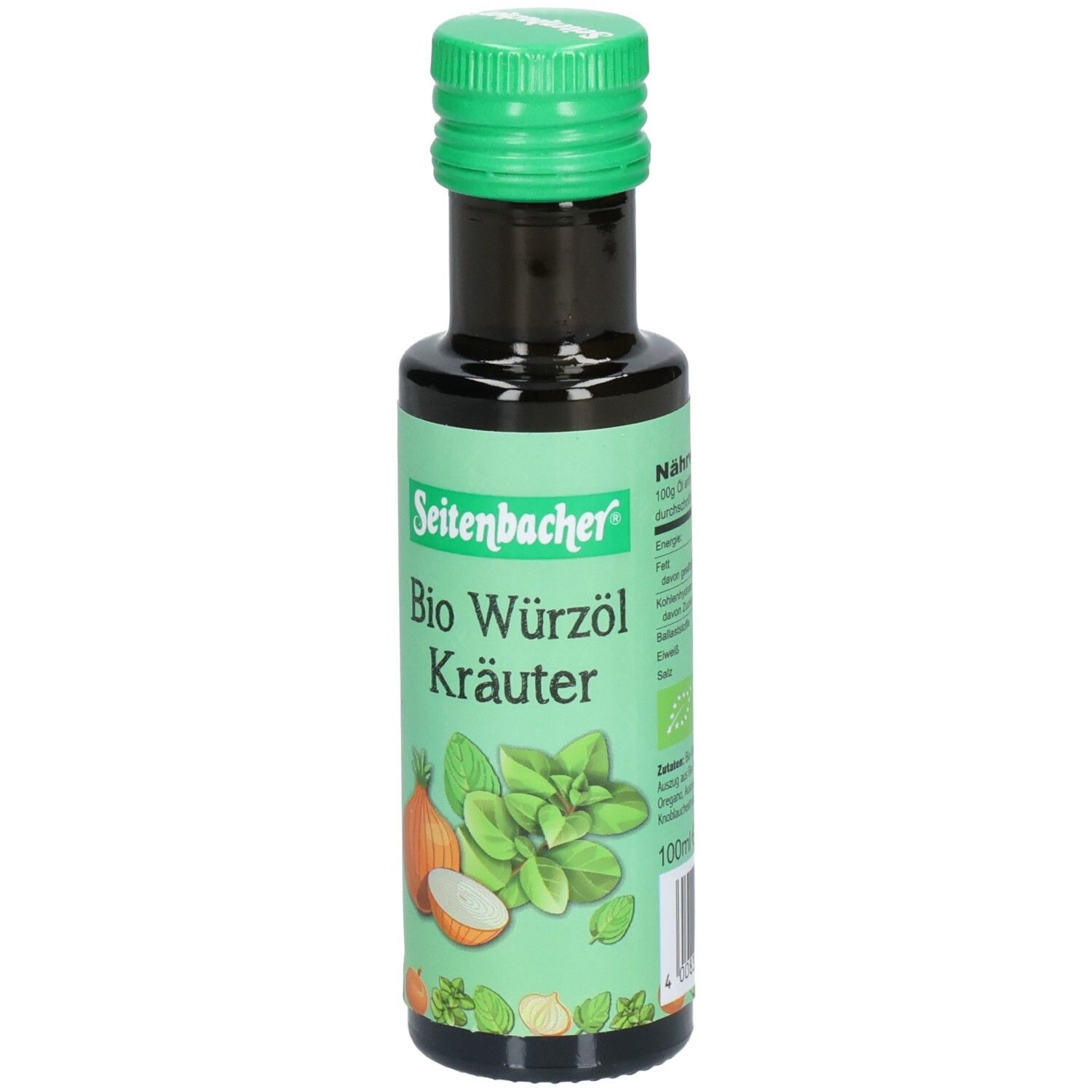 Grüne Flasche mit grünem Deckel. Aufschrift: Seitenbacher Bio Würzöl Kräuter. Abbildung von Zwiebeln und Kräutern. 100ml.
