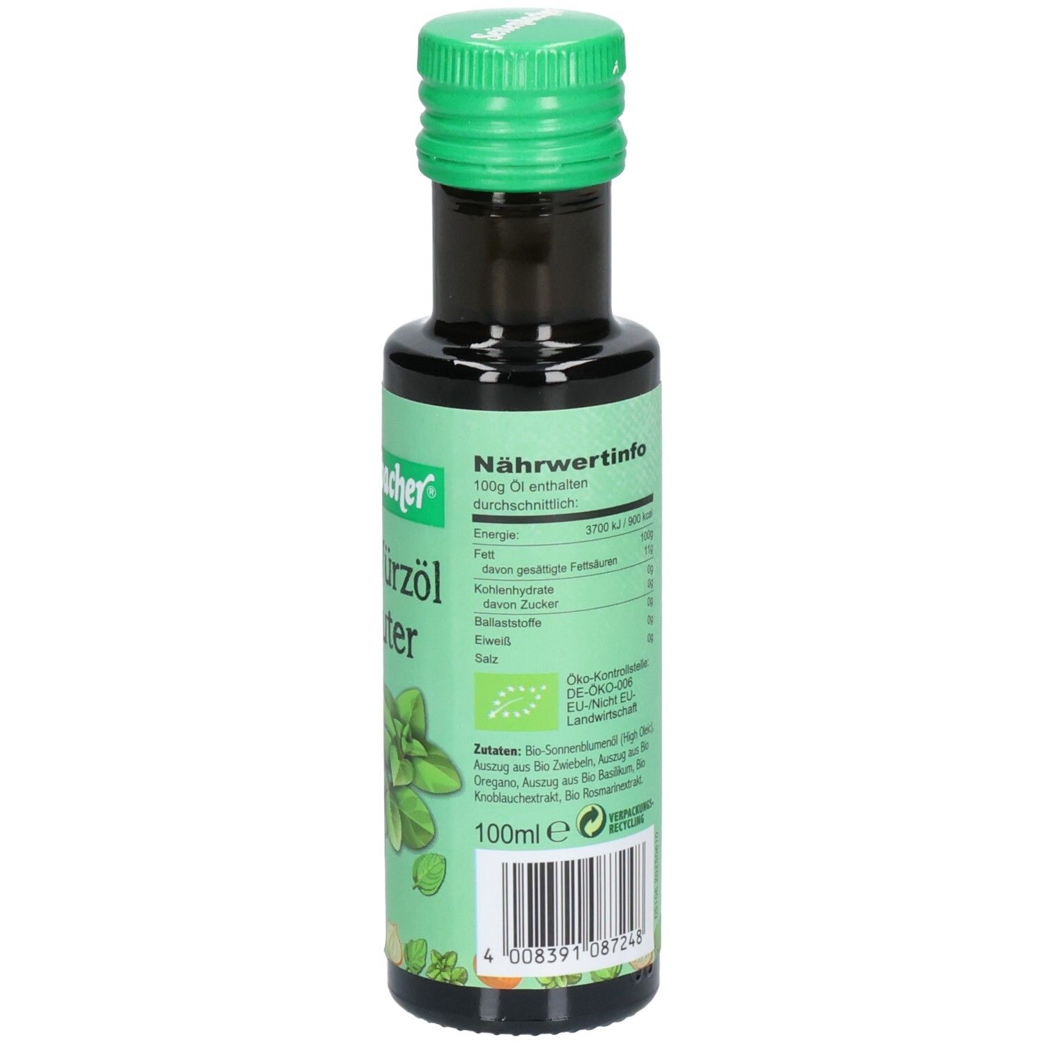 Grüne Flasche mit grünem Deckel. Rückseite mit Nährwertinformationen. 100ml. Bio-Siegel.