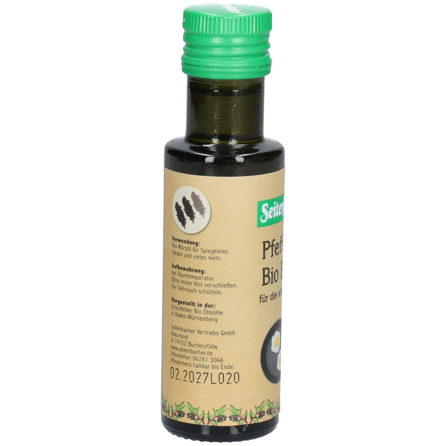 Grüne Glasflasche mit grünem Deckel. Etikett mit Produktinformationen und Text. Sichtbar: Bio-Siegel, Haltbarkeitsdatum.