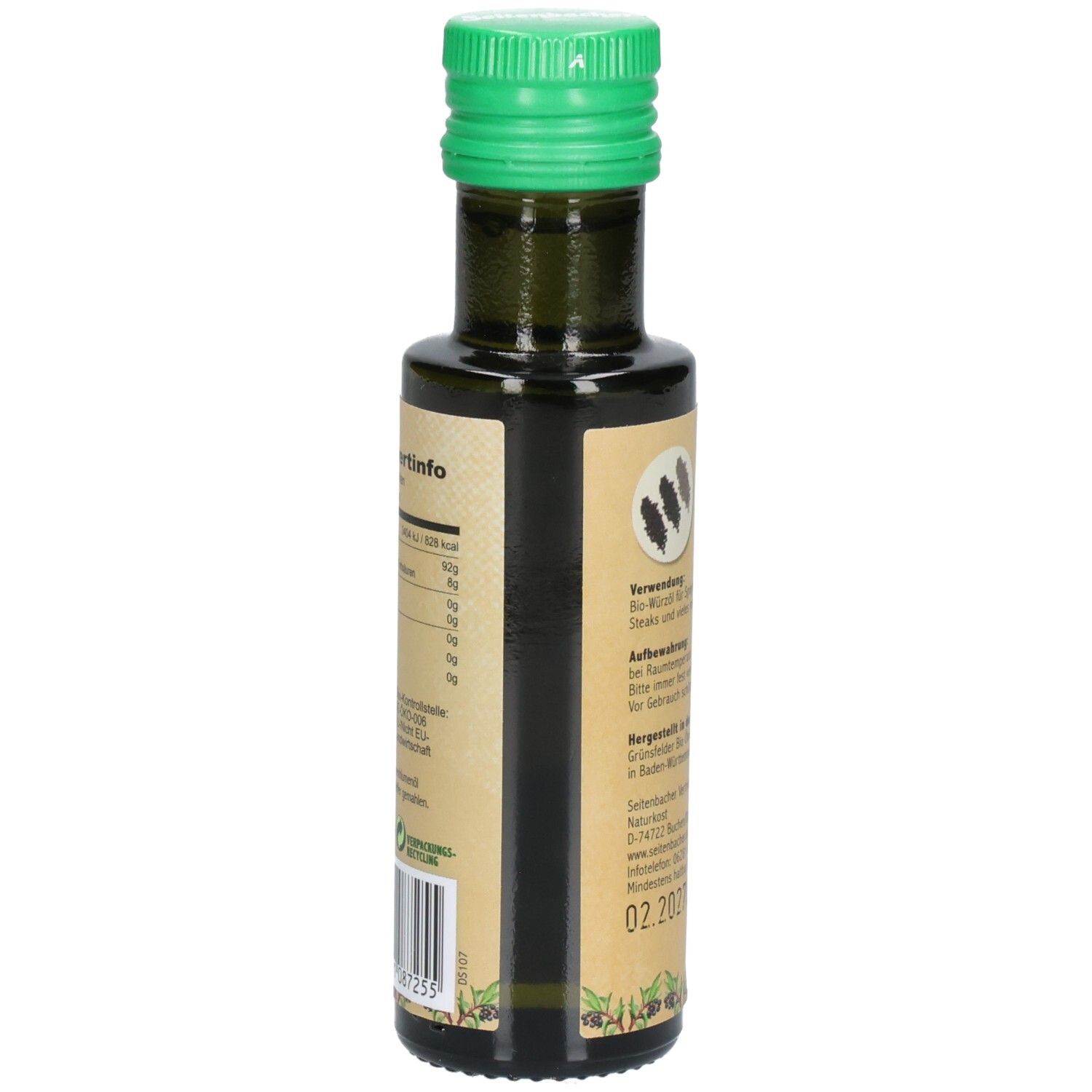 Grüne Glasflasche mit grünem Deckel. Etikett mit Nährwertinformationen und Text. Barcode unten links.