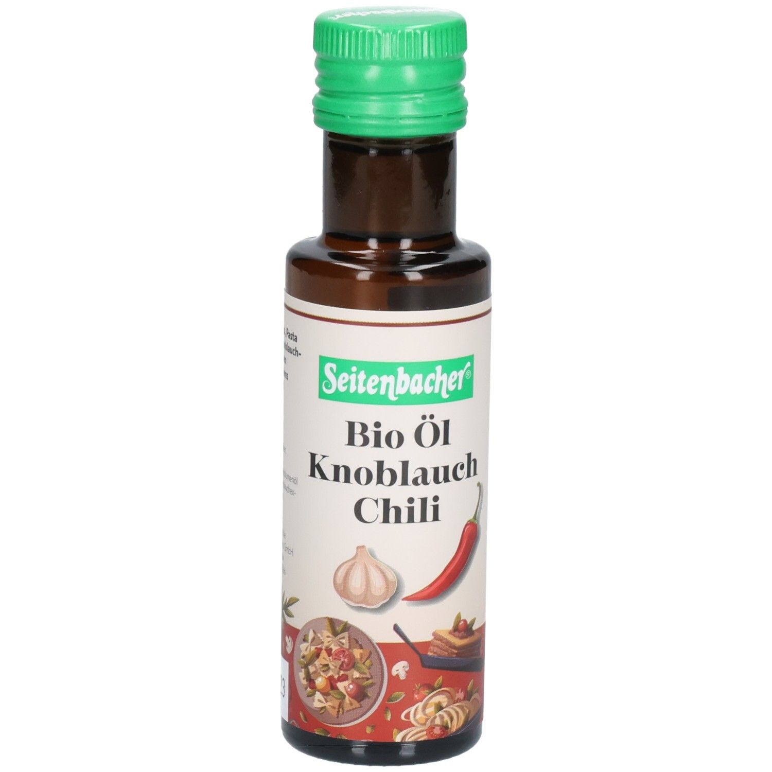 Braune Glasflasche mit grünem Deckel. Aufschrift: Seitenbacher Bio Öl Knoblauch Chili. Abbildung von Knoblauch und Chili.