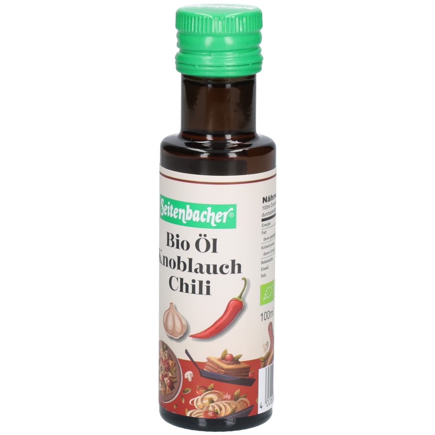 Braune Glasflasche mit grünem Deckel. Aufschrift: Seitenbacher Bio Öl Knoblauch Chili. Mit Bio-Siegel und 100ml.