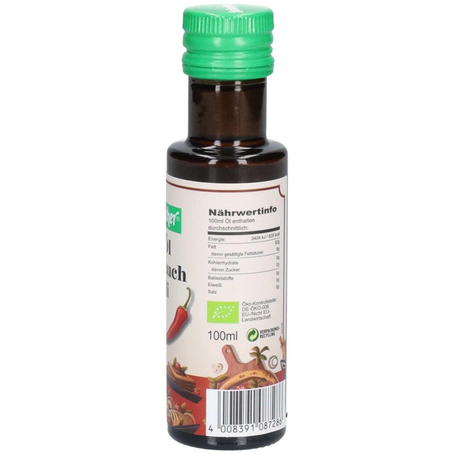 Braune Glasflasche mit grünem Deckel. Rückseite mit Nährwertinformationen und Bio-Siegel. 100ml.