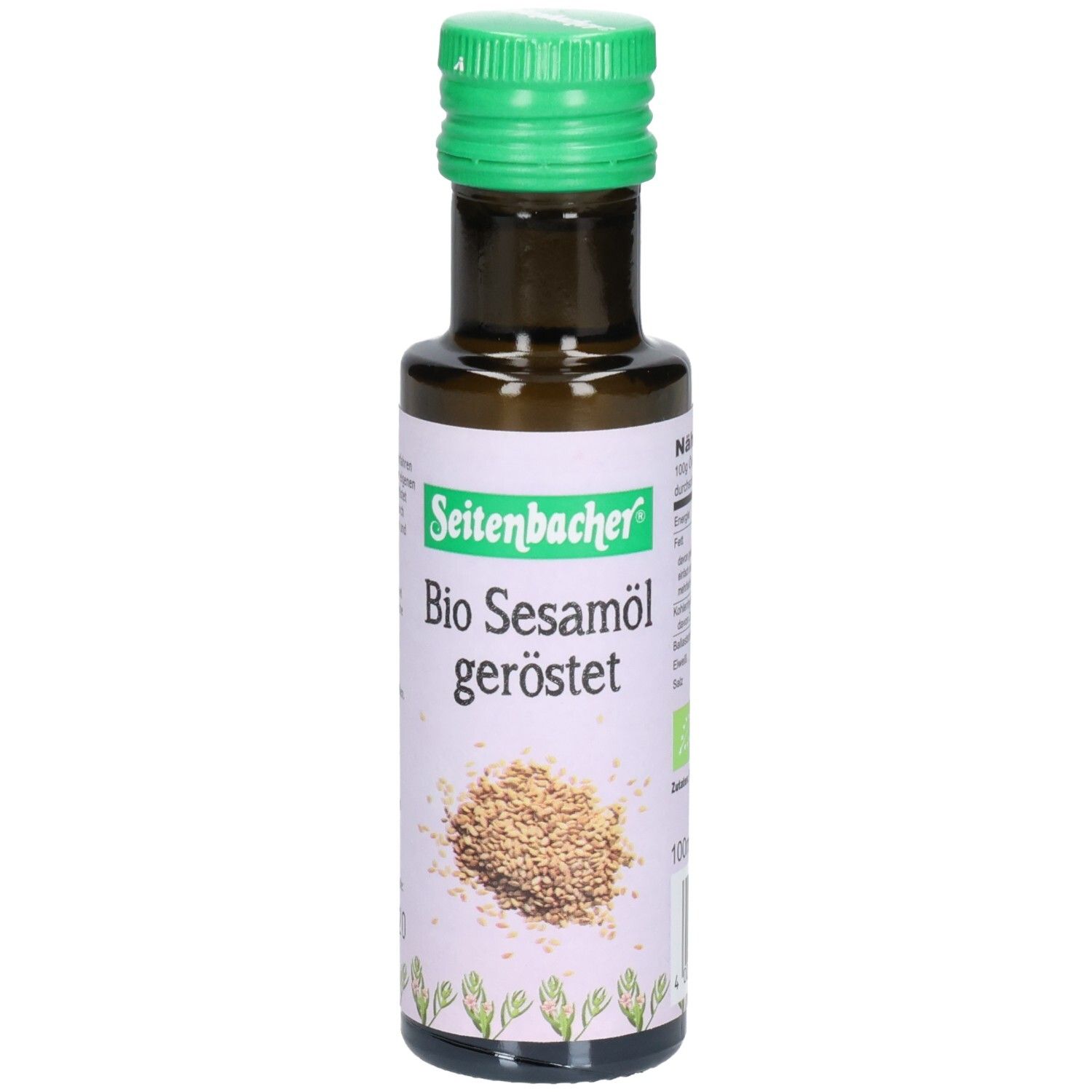 Braune Glasflasche mit grünem Deckel. Etikett mit "Seitenbacher Bio Sesamöl geröstet" und Sesamsamen-Abbildung.