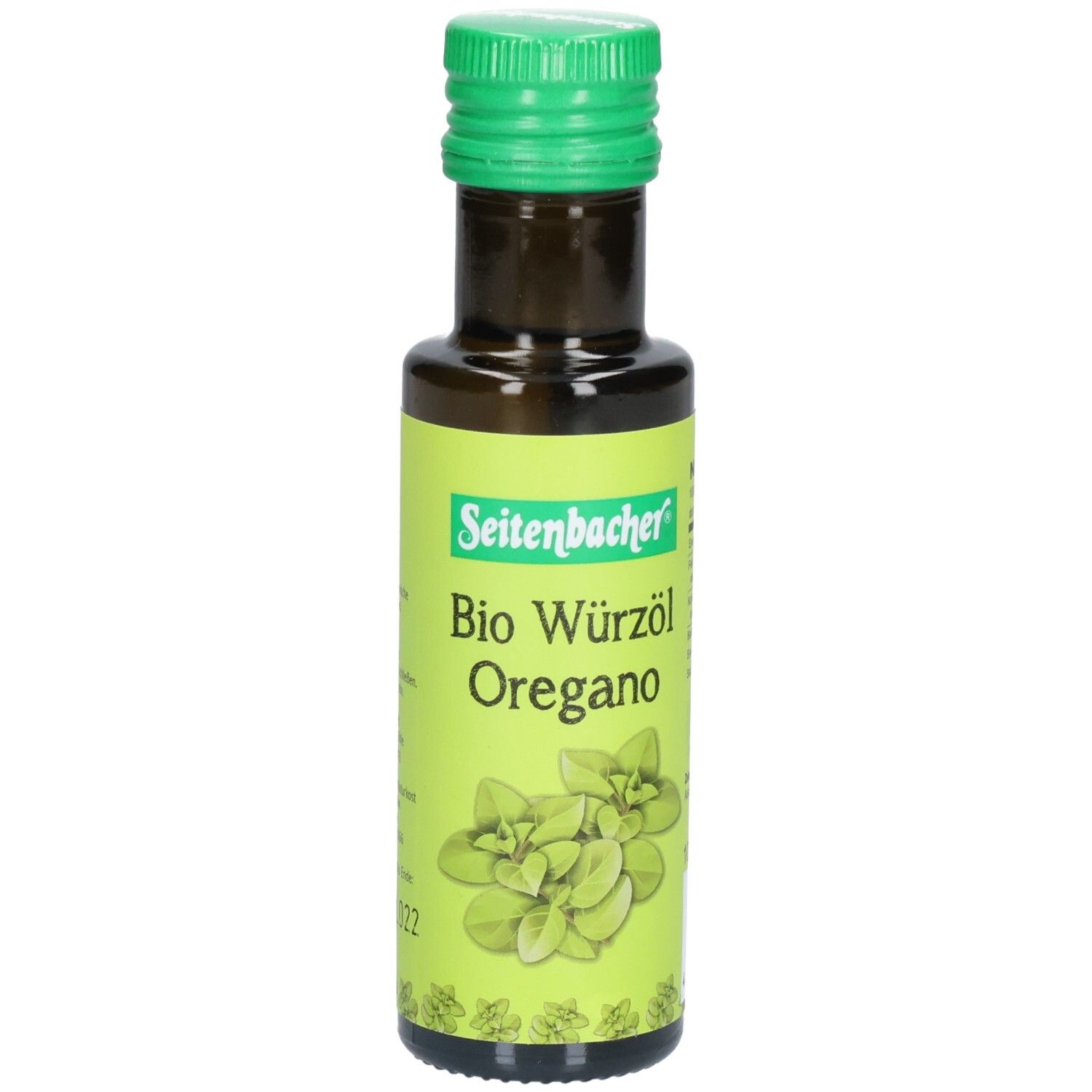 Braune Glasflasche mit grünem Deckel. Etikett mit Produktname und Oregano-Abbildung. Seitenbacher Bio Würzöl Oregano.