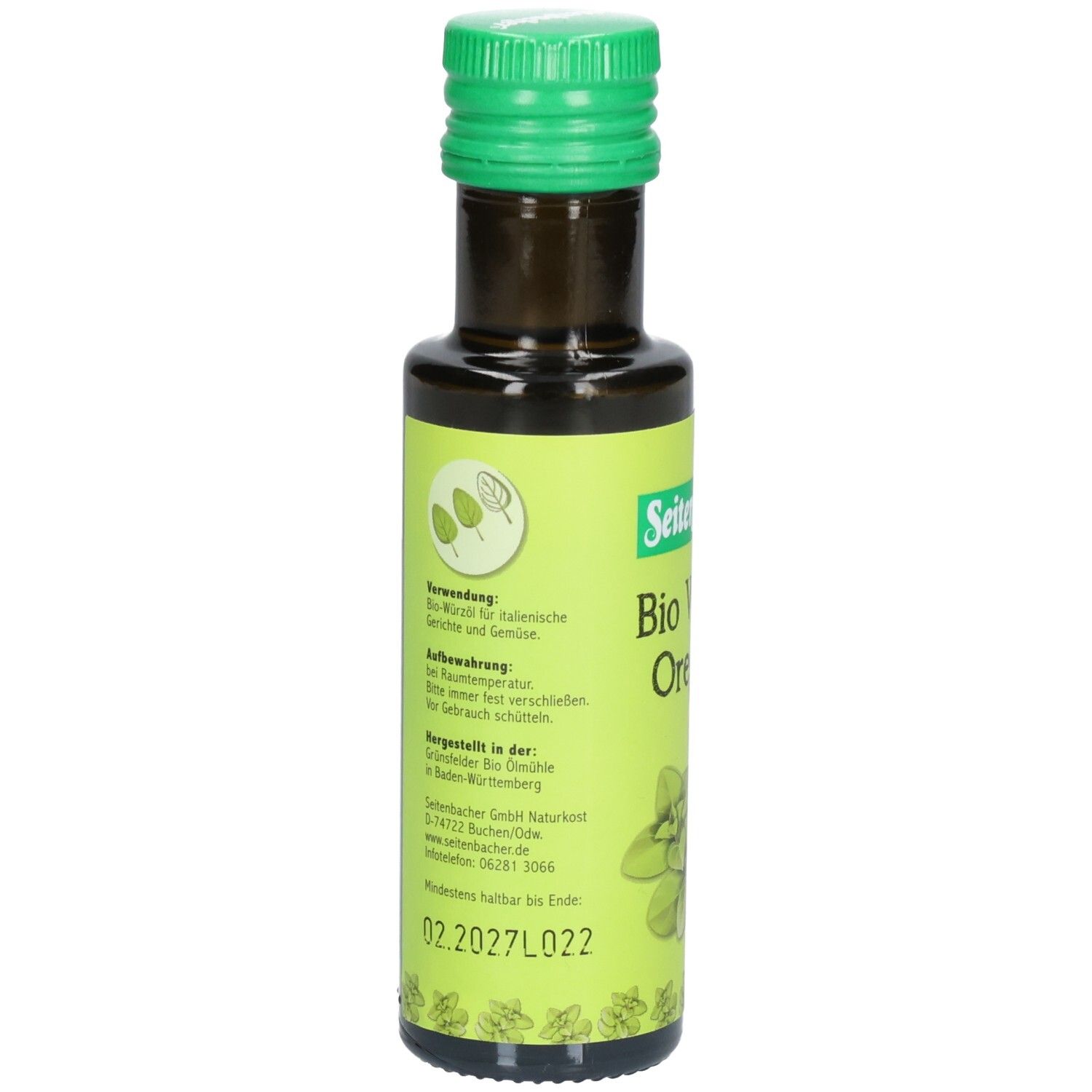 Rückseite der Flasche. Etikett mit Informationen zur Verwendung, Inhaltsstoffen und Mindesthaltbarkeitsdatum. Seitenbacher Bio Würzöl Oregano.