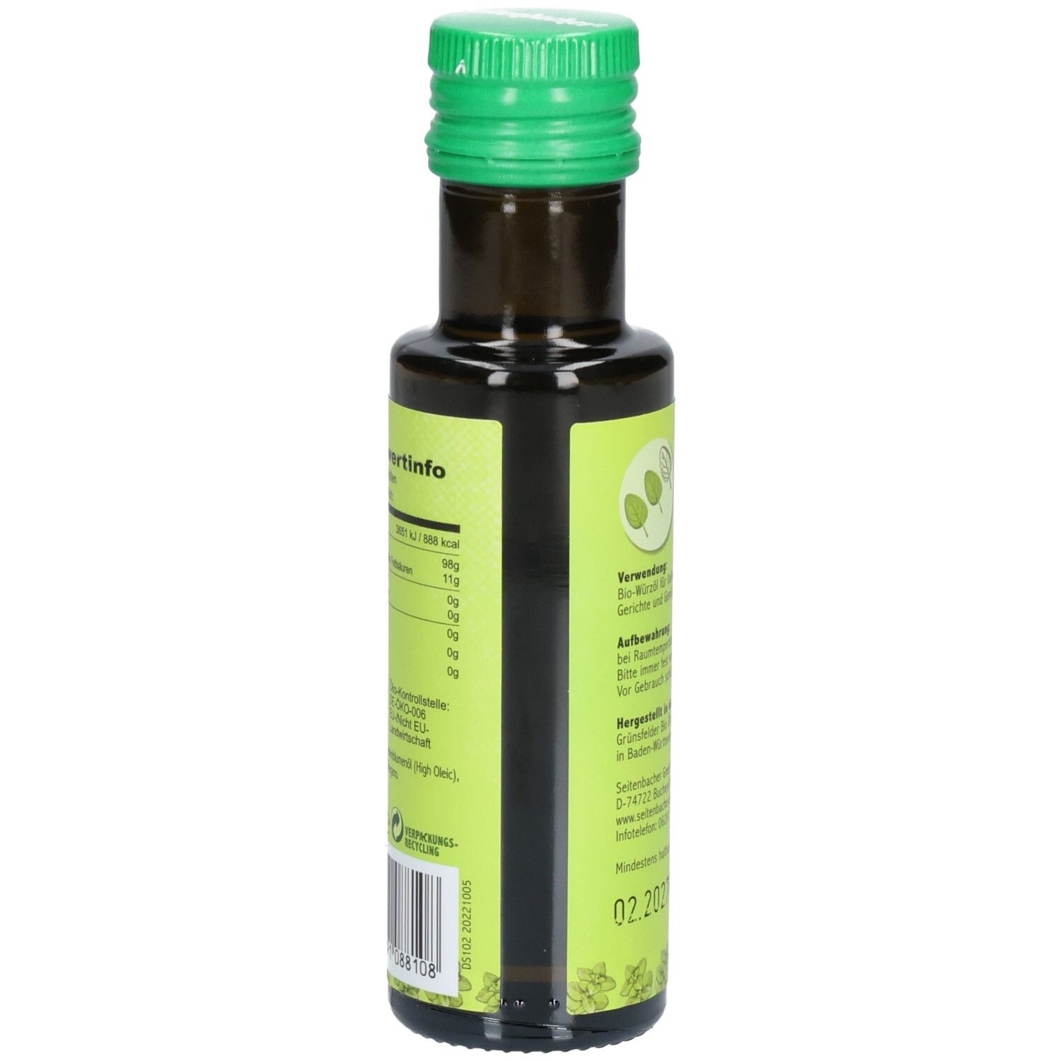 Rückseite der Flasche. Etikett mit Nährwertinformationen und weiteren Angaben. Seitenbacher Bio Würzöl Oregano.