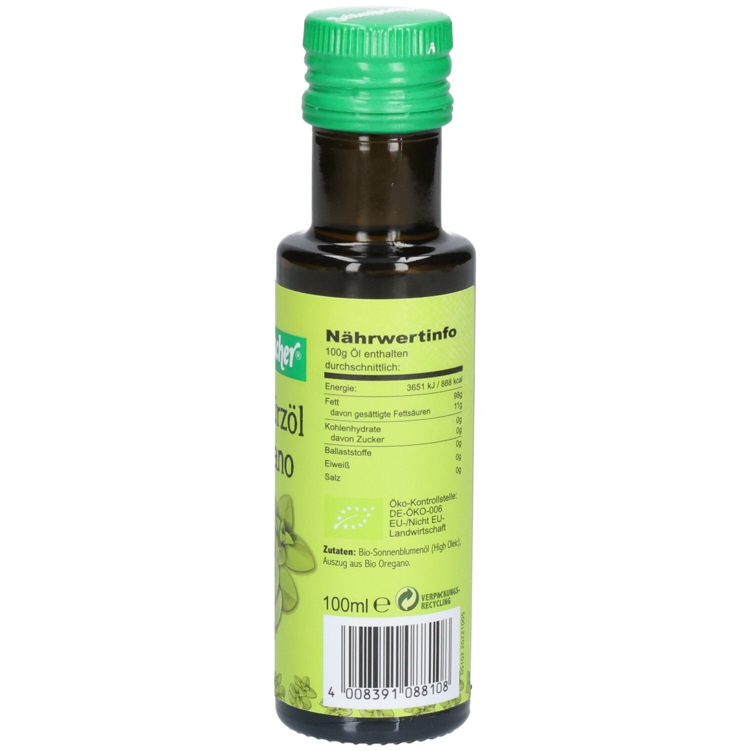 Braune Glasflasche mit grünem Deckel. Etikett mit Nährwertinformationen und weiteren Angaben. Seitenbacher Bio Würzöl Oregano.