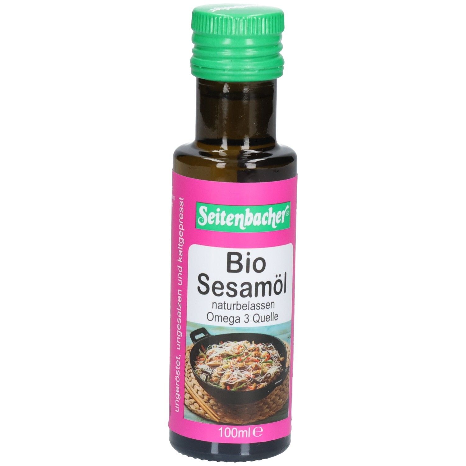 Braune Glasflasche mit grünem Deckel. Etikett mit Produktname: Bio Sesamöl, Marke Seitenbacher. Bild von Gericht.