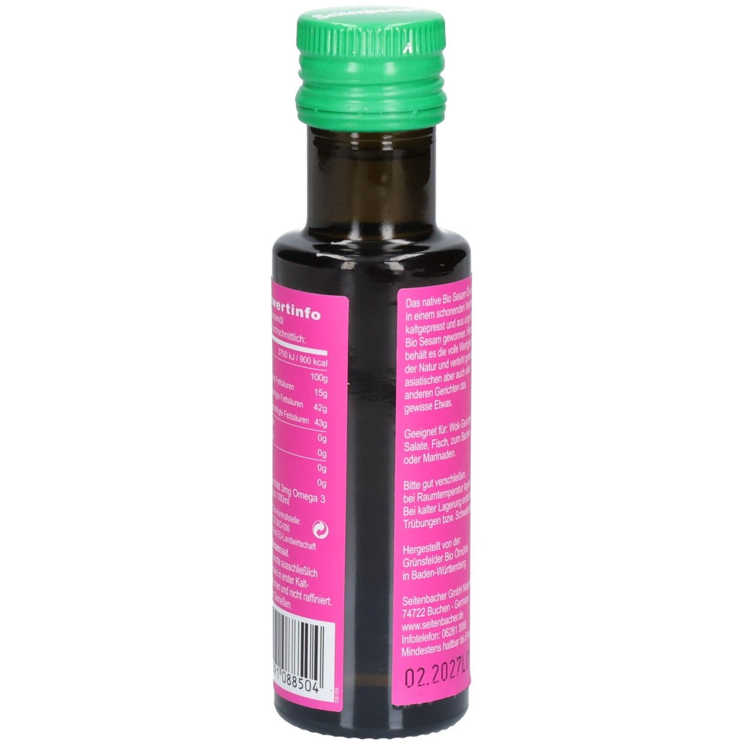 Braune Glasflasche mit grünem Deckel. Etikett mit Nährwertangaben und Marke Seitenbacher. Text in deutscher Sprache.