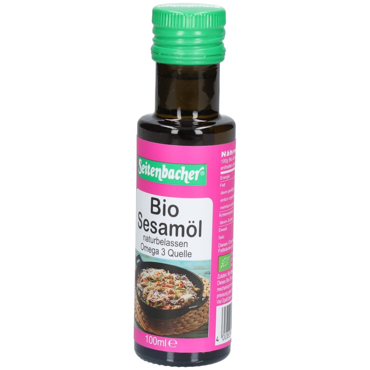 Braune Glasflasche mit grünem Deckel. Etikett mit Produktname: Bio Sesamöl, Marke Seitenbacher. Bio-Siegel.