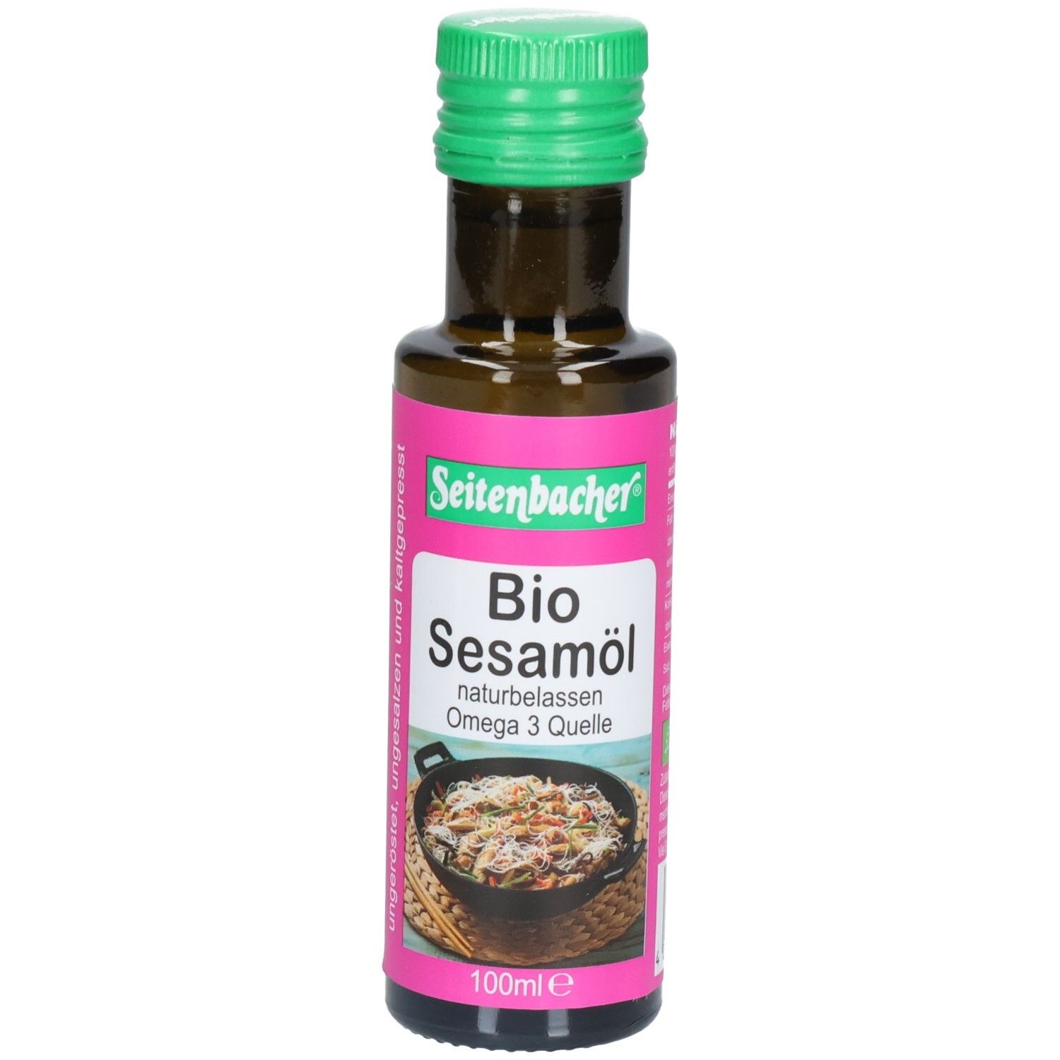 Braune Glasflasche mit grünem Deckel. Etikett mit Produktname: Bio Sesamöl, Marke Seitenbacher. Bild von Gericht.