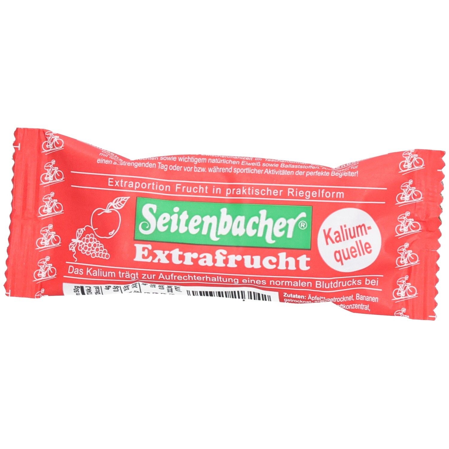 Roter Riegel mit Aufschrift "Seitenbacher Extrafrucht". Enthält eine Kaliumquelle. Verpackung mit Obstabbildung und Fahrradsymbolen.