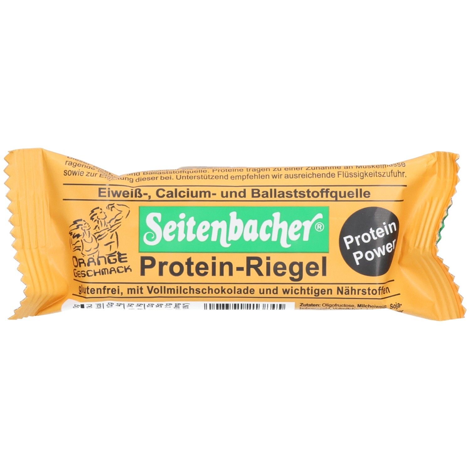 Orangefarbener Proteinriegel in Verpackung. Aufschrift: Seitenbacher Protein-Riegel, Orange Geschmack, Protein Power.