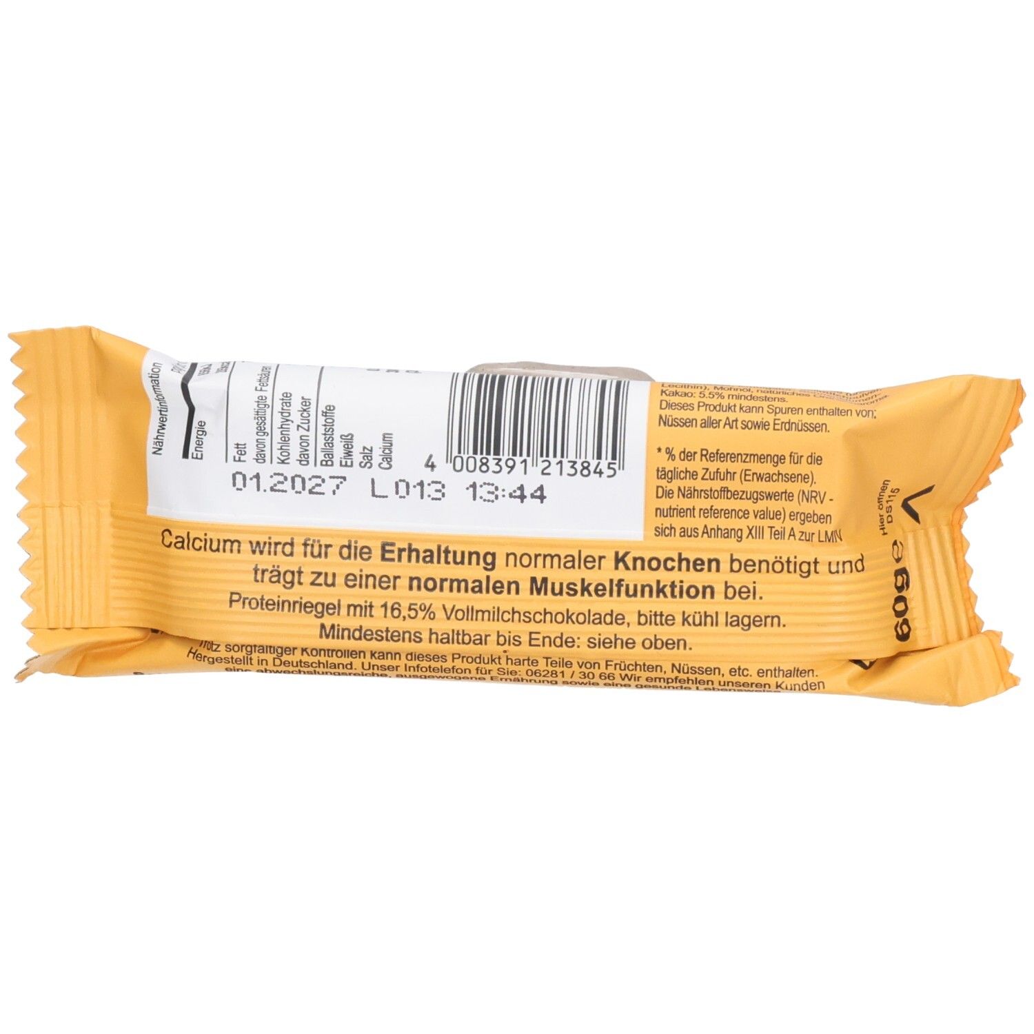 Rückseite eines Proteinriegels. Aufschrift: Seitenbacher, Mindestens haltbar bis, 01.2027, 60g.