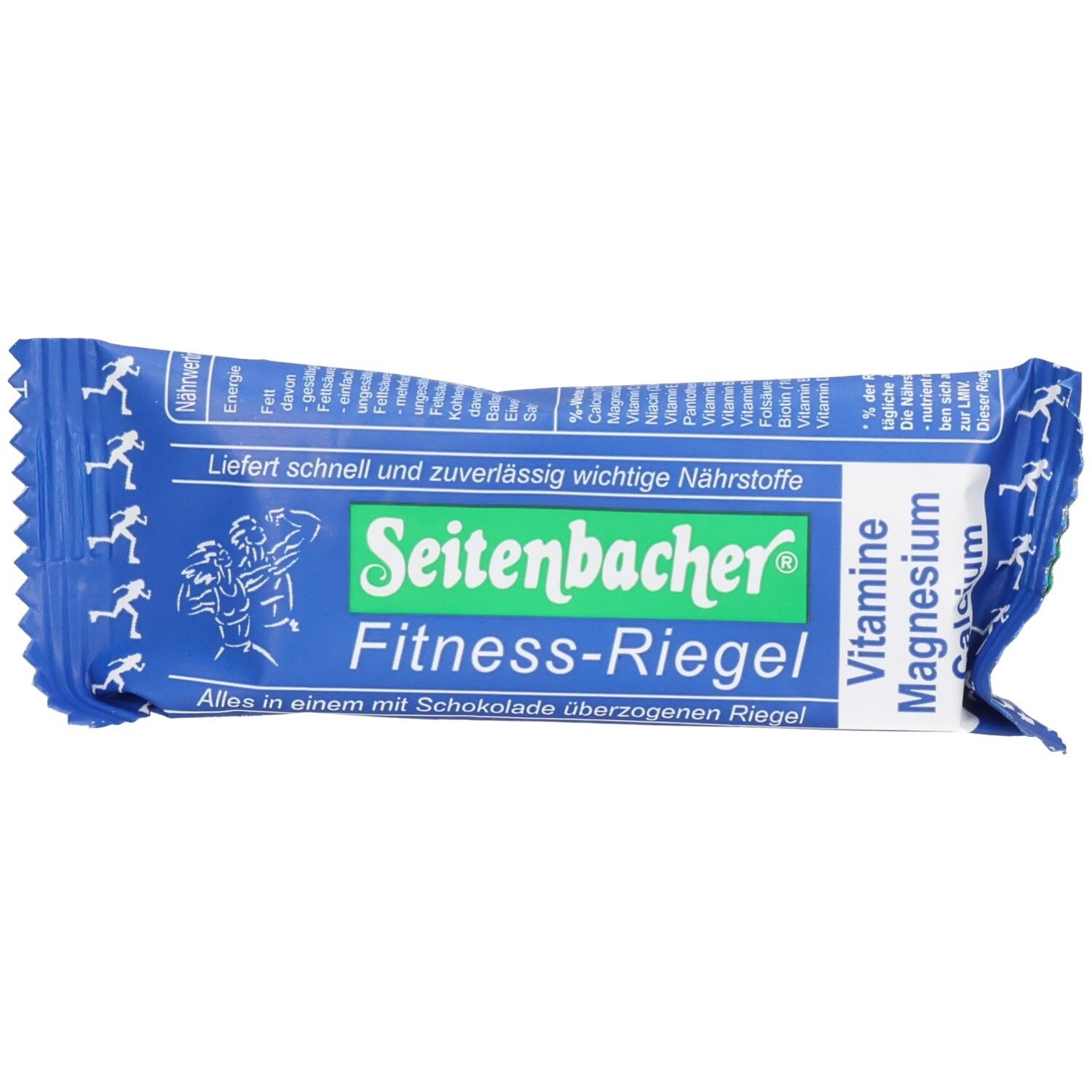 Blauer Riegel in Verpackung. Seitenbacher Fitness-Riegel, Schoko. Grün-weiße Schrift. Läufer-Silhouette. Enthält Vitamine und Magnesium.