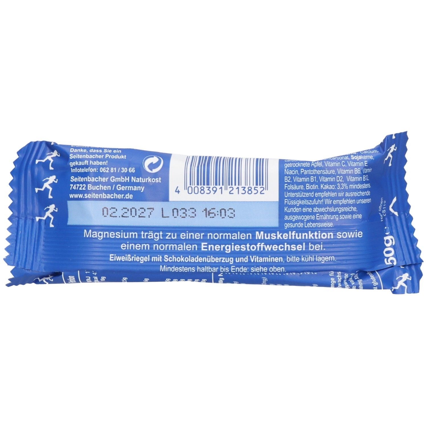 Rückseite der Riegelverpackung. Blaue Verpackung. Seitenbacher Fitness-Riegel, Schoko. Barcode, Text und Nährwertangaben. 50g.