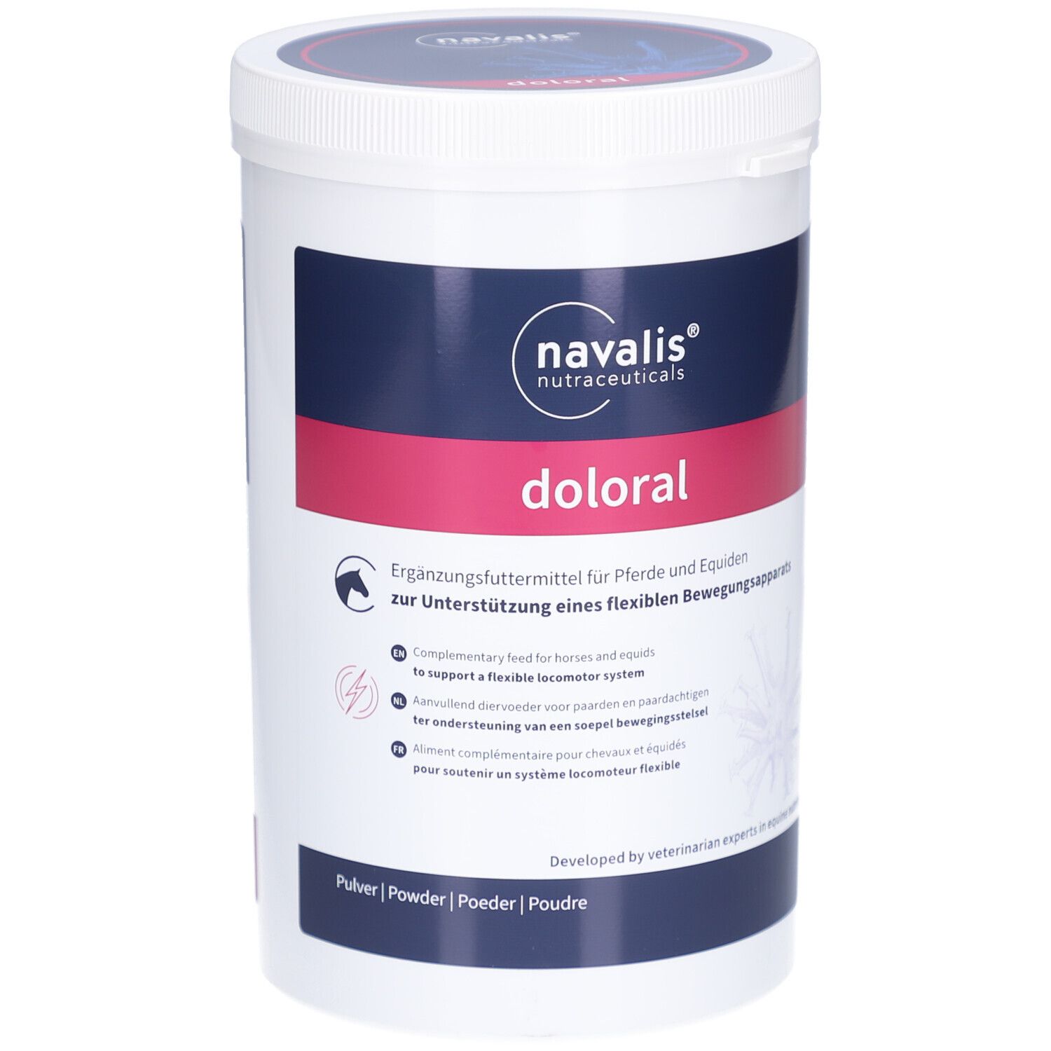 Weißer Behälter mit blauem Deckel. Aufschrift "navalis nutraceuticals" und "doloral". Rosa Akzent. Ergänzungsfuttermittel für Pferde.
