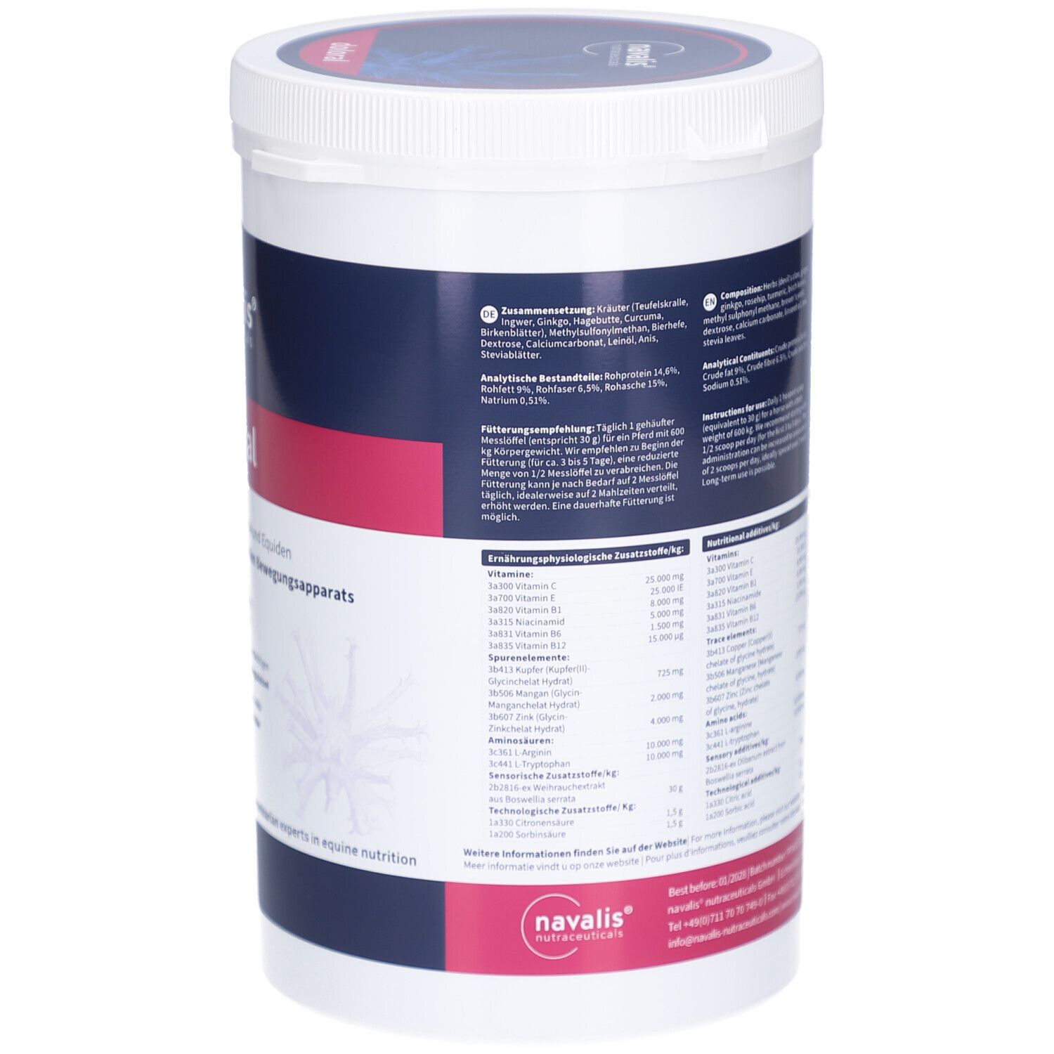 Weißer Behälter mit Etikett. Text mit Inhaltsstoffen und Nährwertangaben. Schwarze Schrift. Rosa Akzent. Herstellerinformationen.