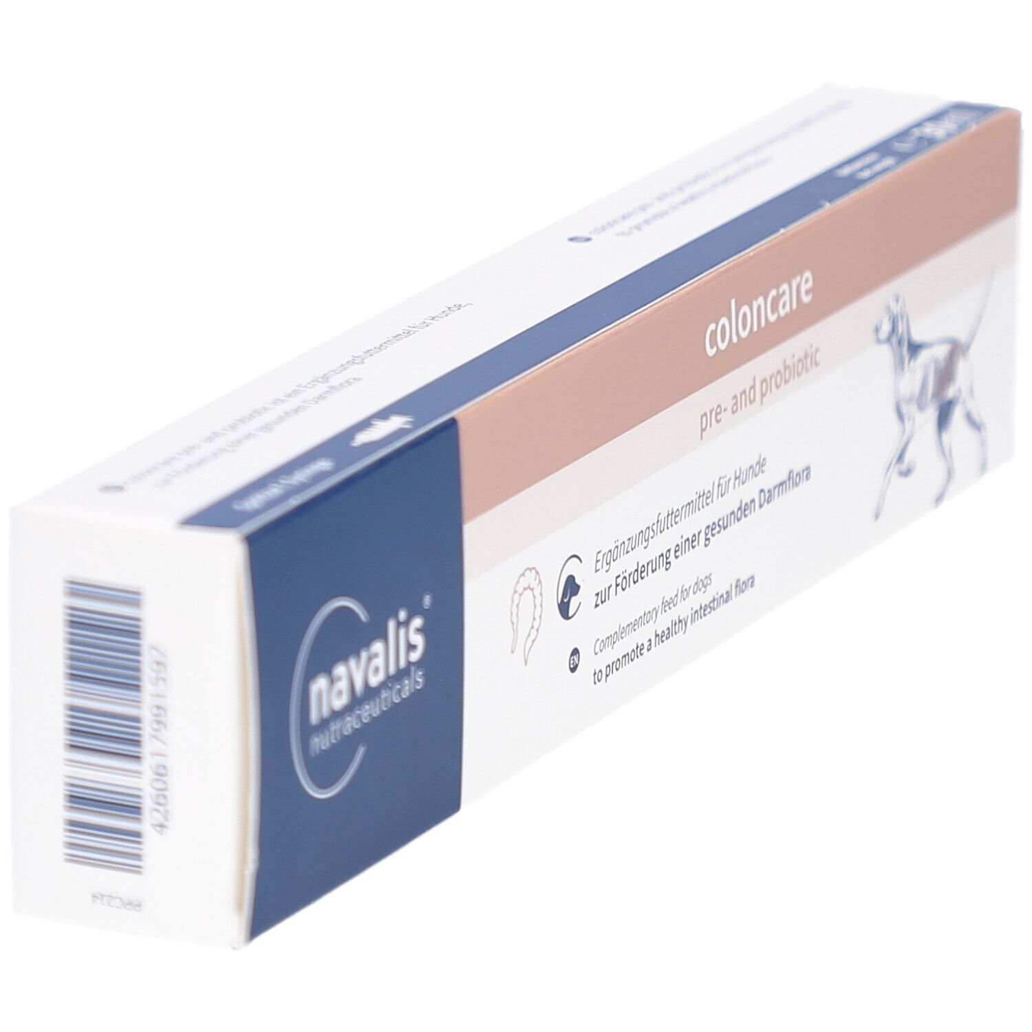 Schräg gestellte Kartonverpackung von coloncare pre- and probiotic DOG Paste. Logo von navalis nutraceuticals. Barcode und Produktnamen.