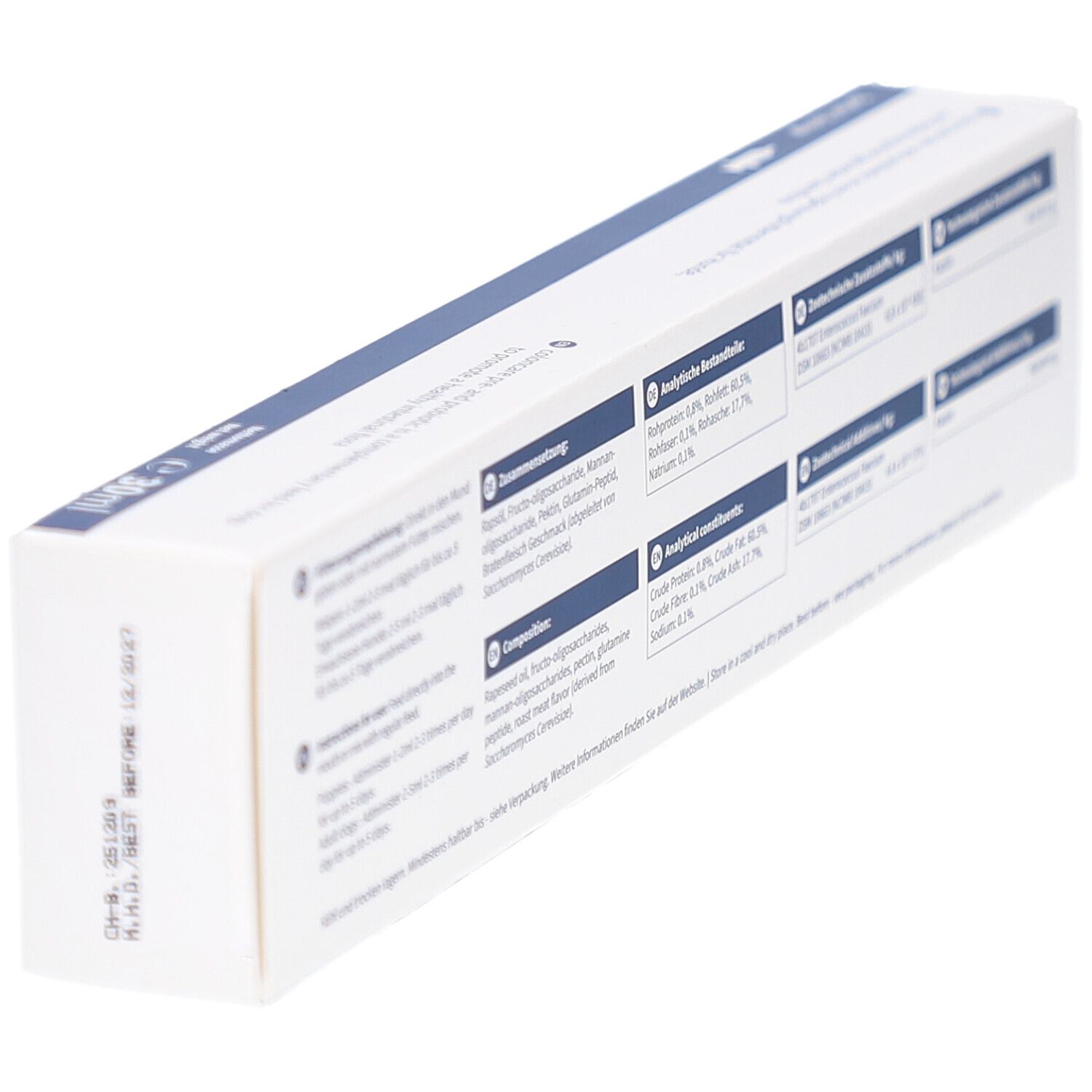 Schräg gestellte Rückseite der Kartonverpackung von coloncare pre- and probiotic DOG Paste. Enthält Informationen zu Inhaltsstoffen und analytischen Bestandteilen.