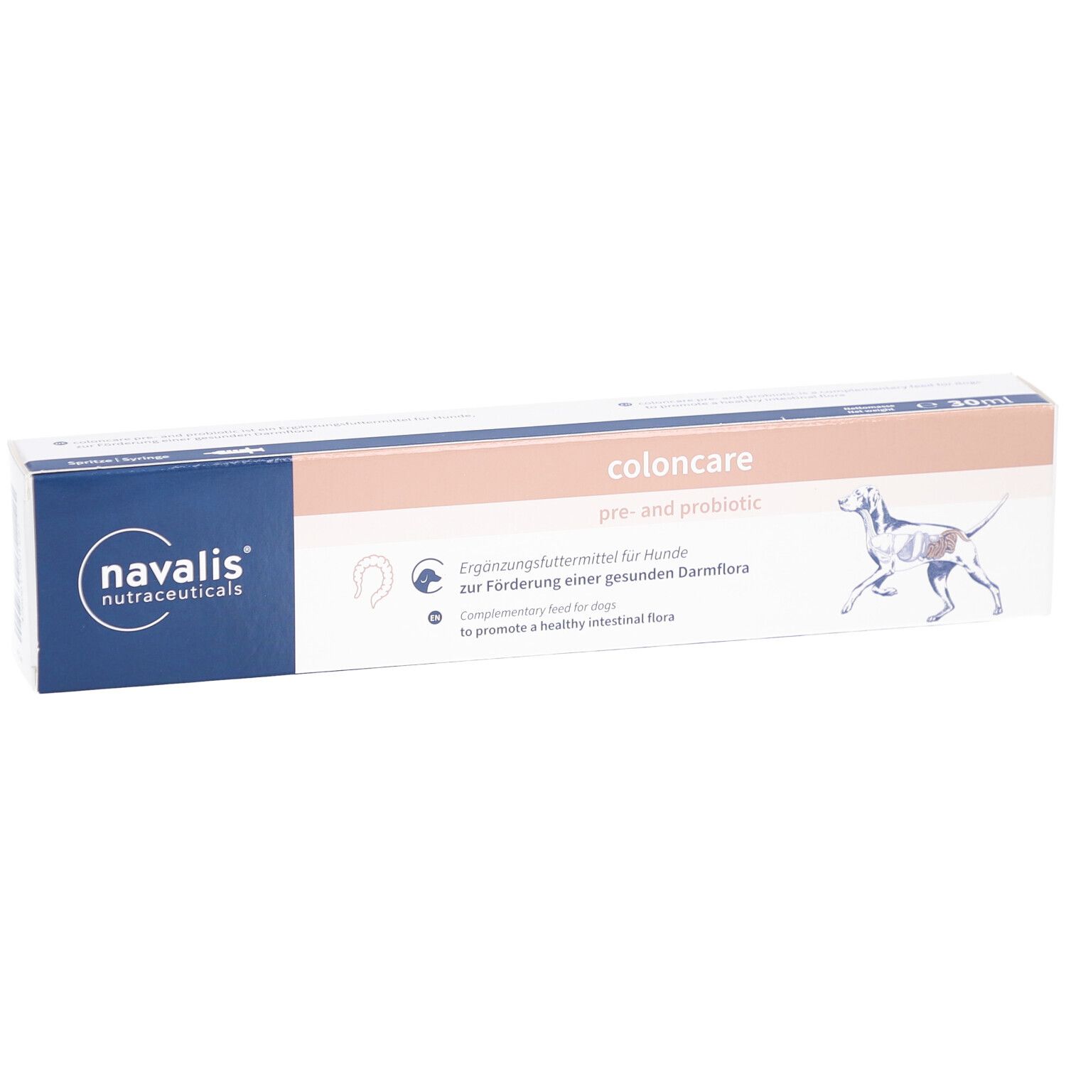 Kartonverpackung von coloncare pre- and probiotic DOG Paste. Logo von navalis nutraceuticals. Text: Ergänzungsfuttermittel für Hunde zur Förderung einer gesunden Darmflora.