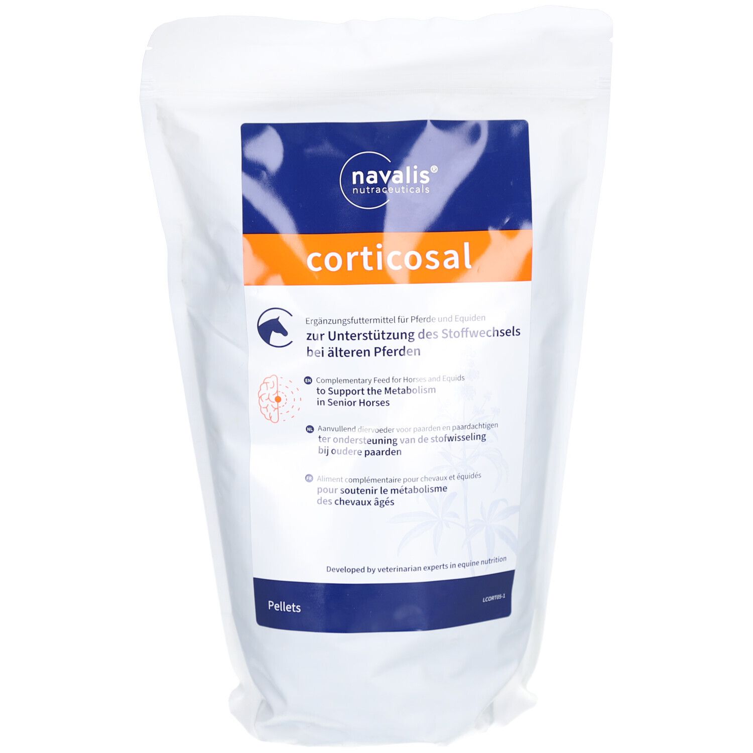 Weißer Beutel mit corticosal-Pellets. Orangefarbener Streifen mit Produktinformationen. Navalis-Logo. Text: Ergänzungsfuttermittel für Pferde.