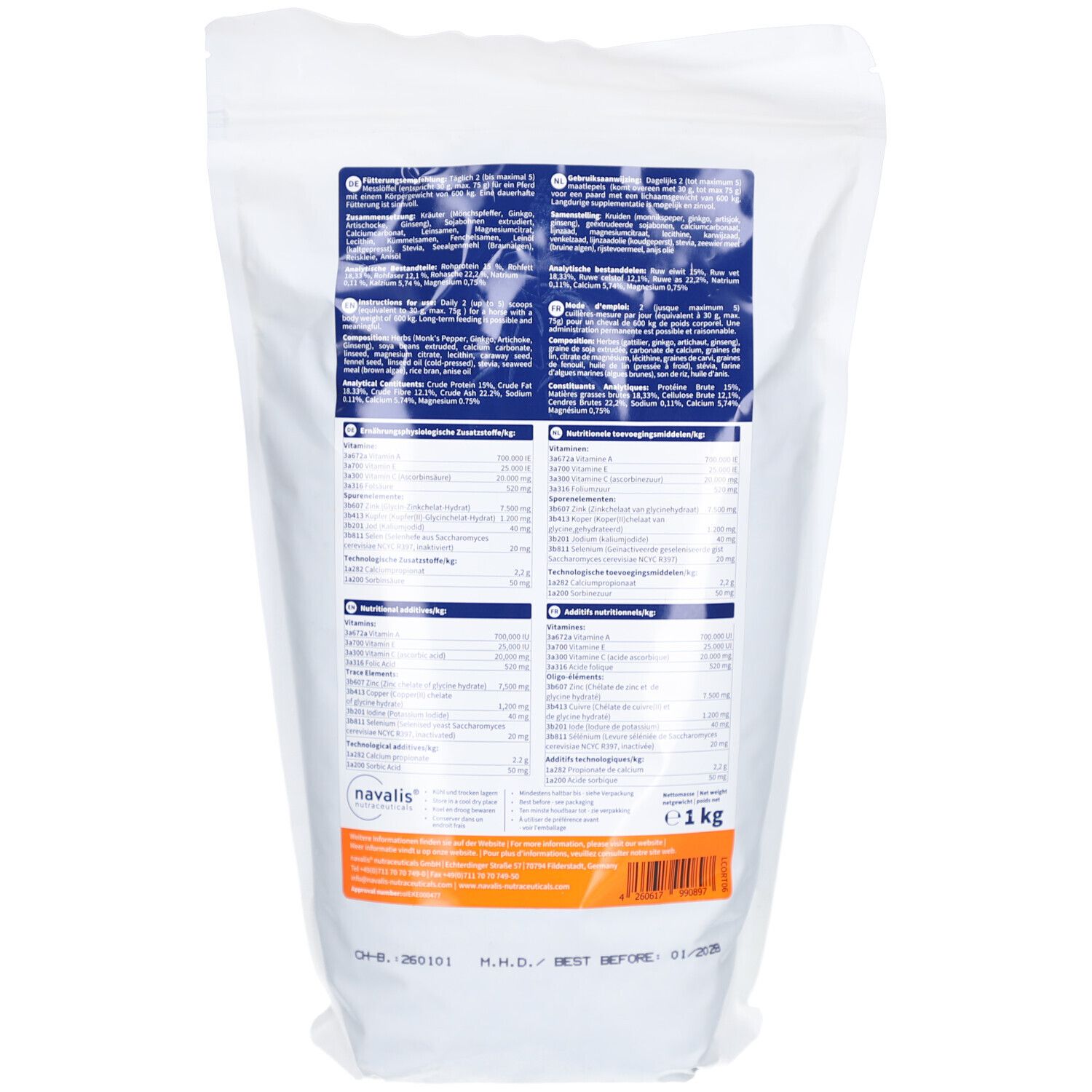 Rückseite des weißen Beutels. Enthält Tabellen mit Nährwertangaben und Inhaltsstoffen. Navalis-Logo. Gewicht: 1 kg. Mindesthaltbarkeitsdatum.