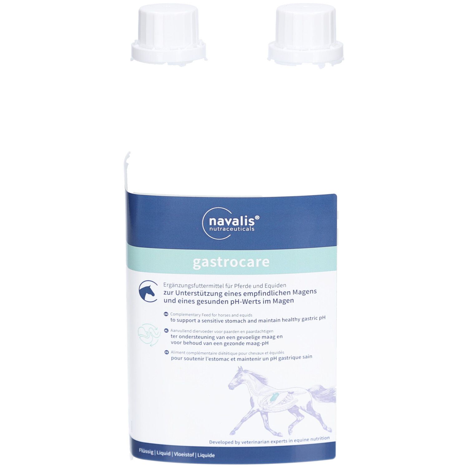 Weißer Behälter mit blauem Etikett. Aufschrift: gastrocare, navalis. Enthält Flüssigkeit. Zwei weiße Verschlüsse liegen daneben.